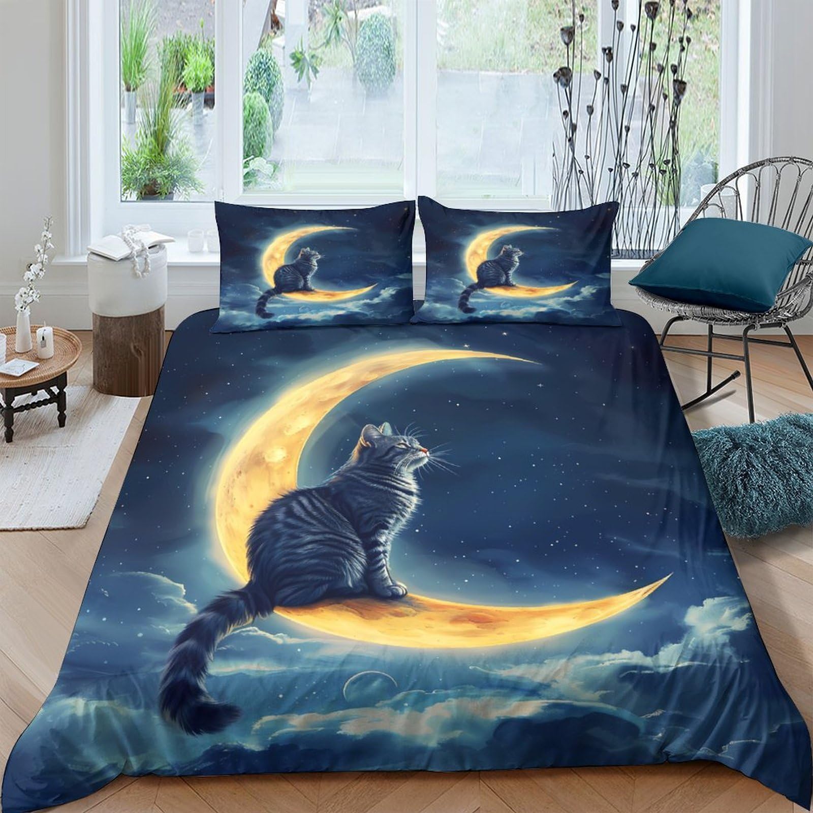 Ctjqhvkz Style-9 3D Printed Moon Cat Fitted Sheet Microfiber Soft Non-Slip Bed Cover Night Sky Bedroom Decor Mattress Protector Single（135X200cm）