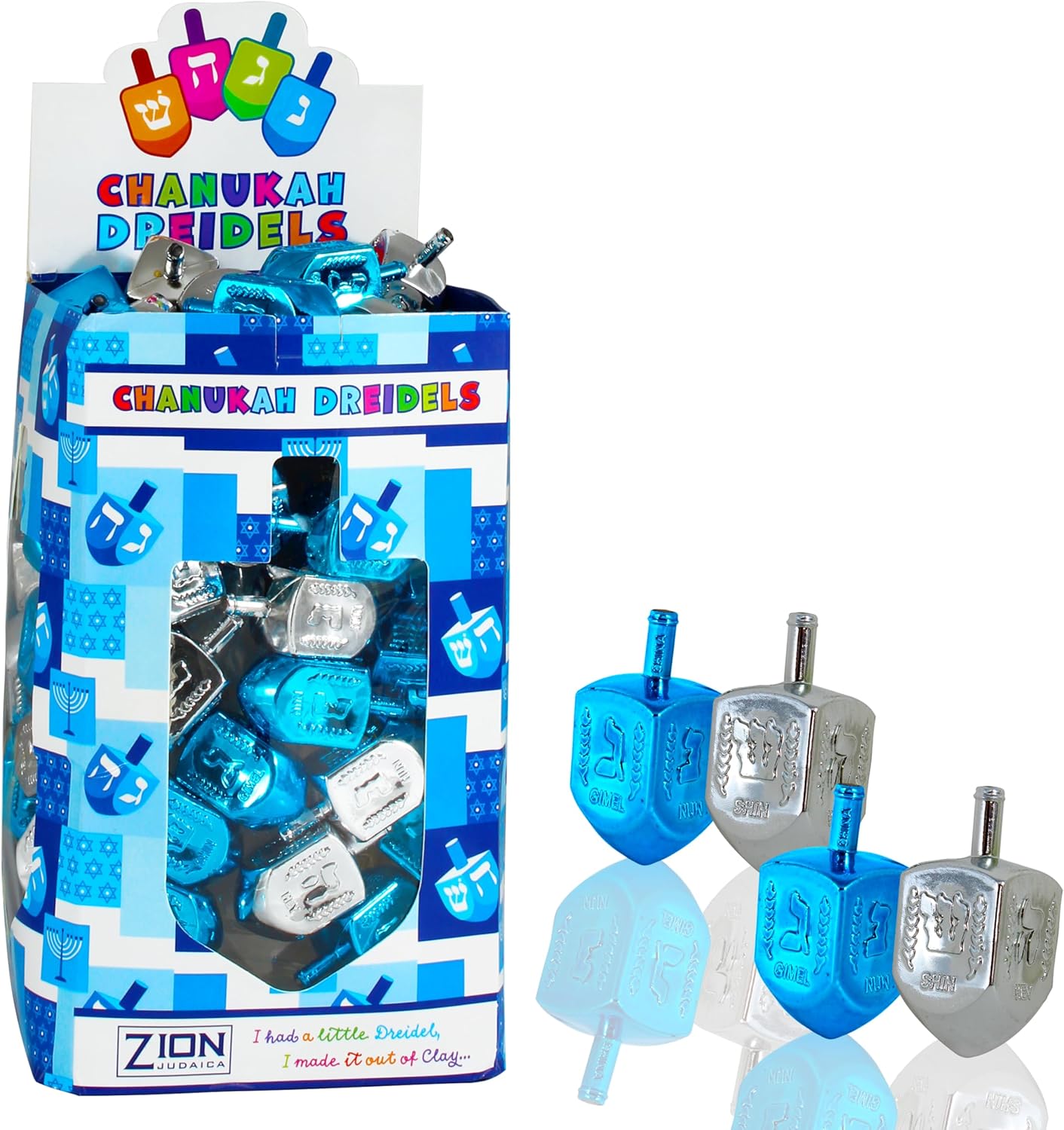 Metallic Dreidels with English Transliteration Counter-Display Box of 100 Driedels in Bulk Blue and Silver Hanukkah Spinning Tops for Traditional Chanukah Game or Party Decorations