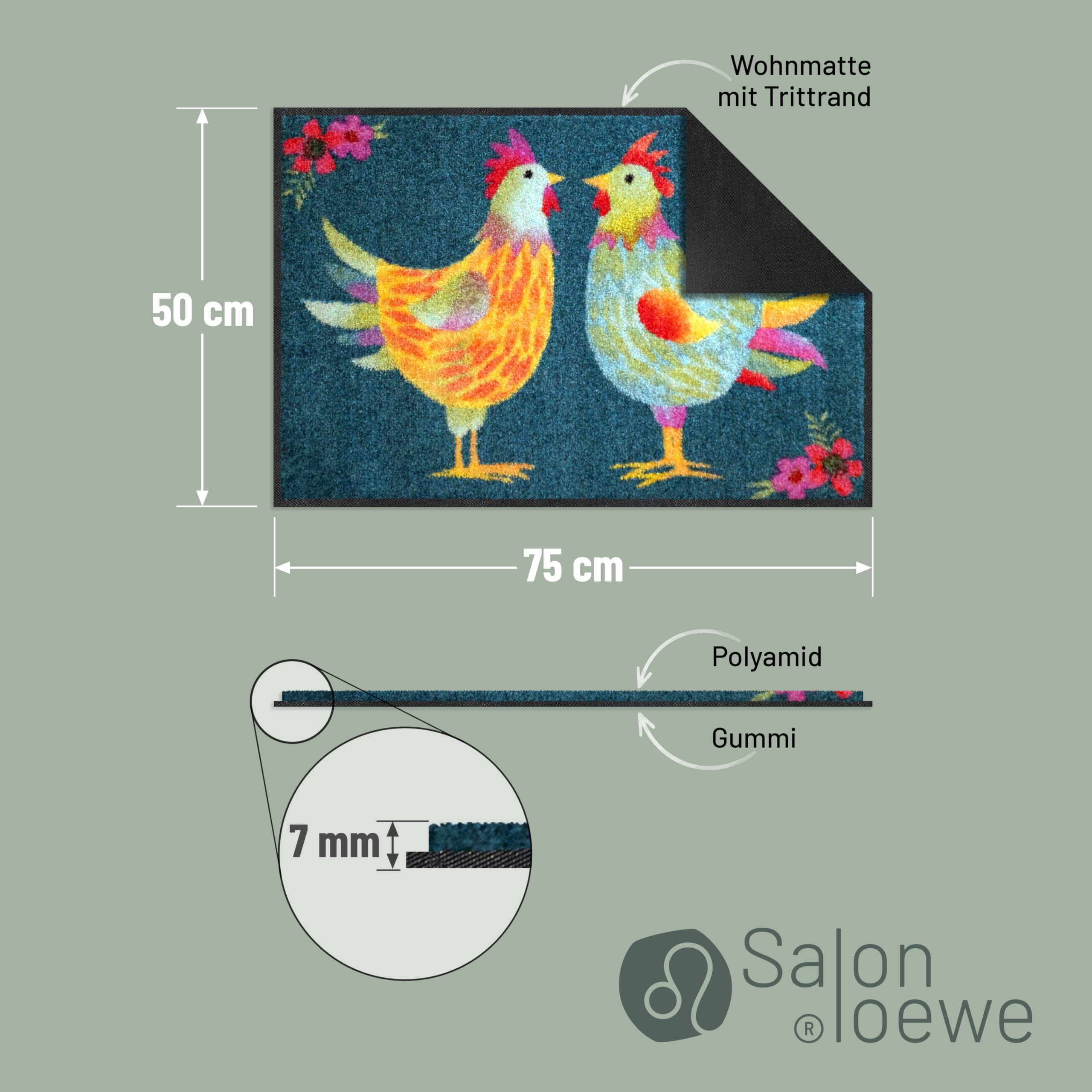 Salonloewe Fussmatte Rainbow Chicken Petrol I Schmutzfangmatte & Fußabtreter für Innen 50 x 75 cm