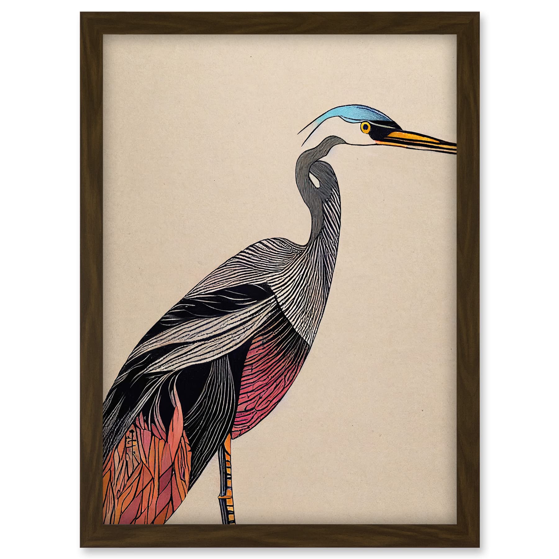 Doppelganger33 LTD Abstract Heron Bird Illustration Coral And Teal Hue Illustration Artwork Framed A3 Wall Art Print