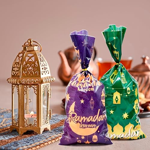 Miniatura 5 de 160 bolsas de dulces de celofán de Ramadán Kareem de 4 estilos con lazos giratorios, diseños de linterna islámica y luna, bolsas transparentes para