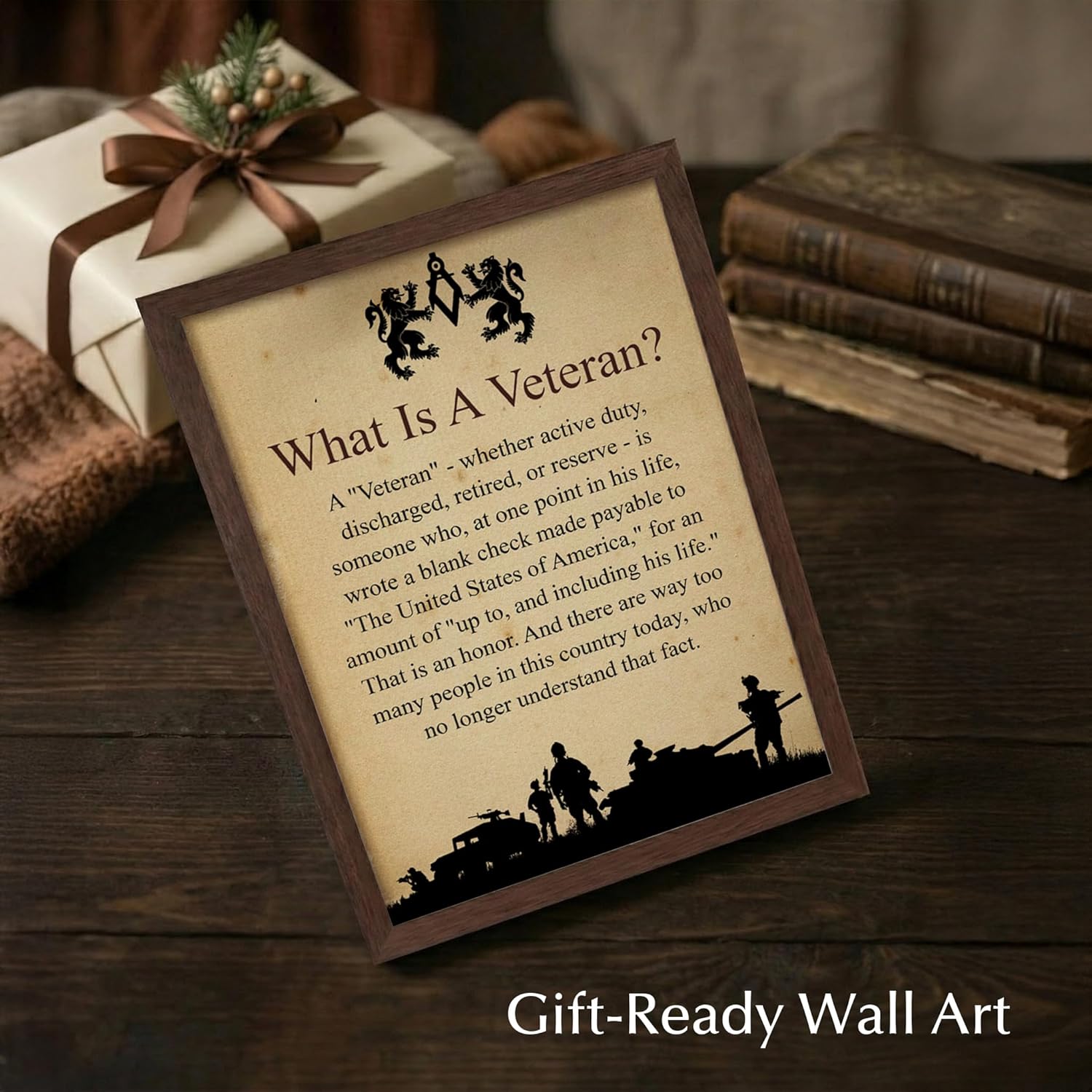 What Is A Veteran Patriotic Wall Art Print - USA Military Silhouette Poster Print for Home, Office, Shop & Restaurant (Brown Framed, 8 x 10 inches)