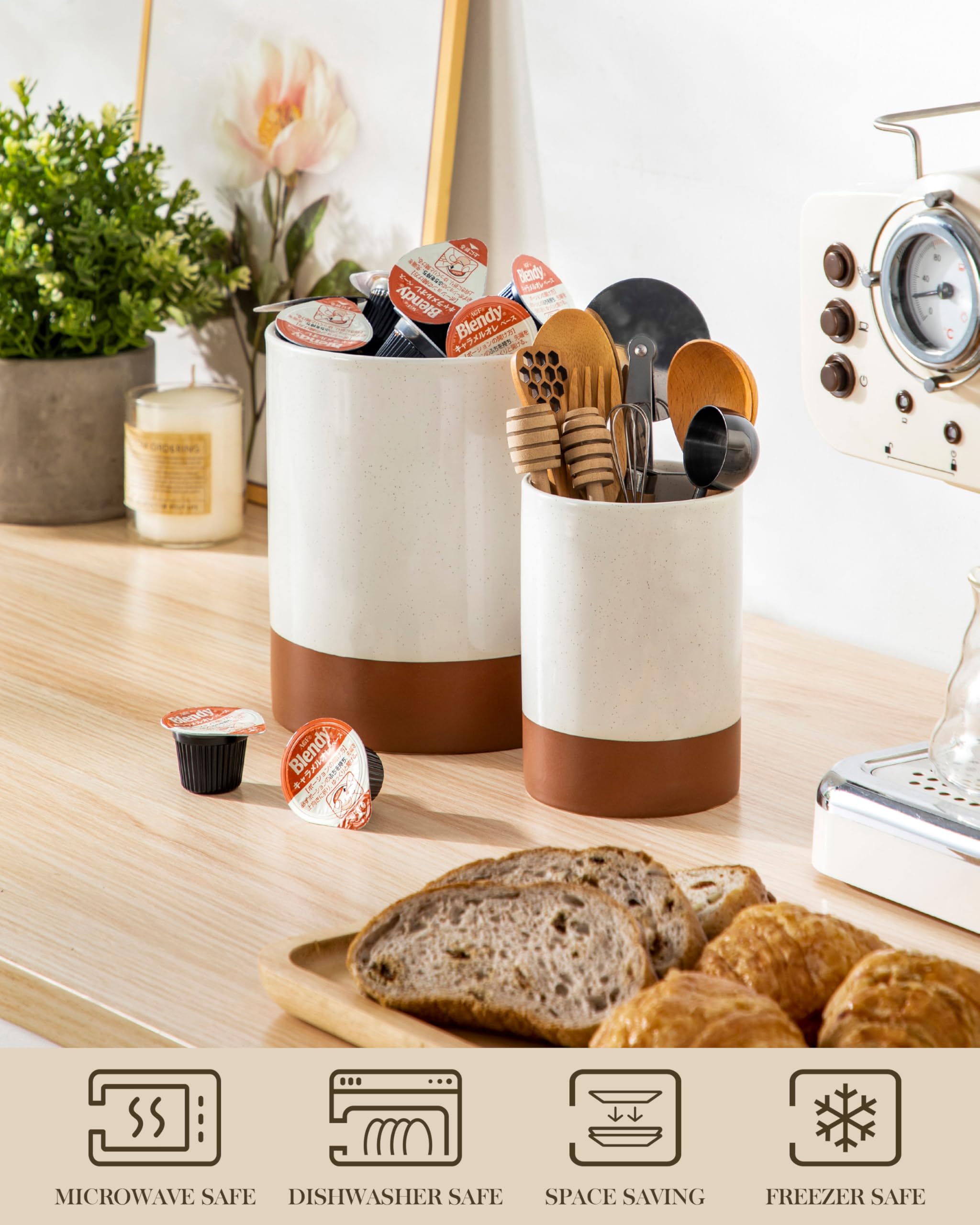 MALACASA Lot de 2 grands porte-ustensiles de cuisine en céramique pour comptoir, 18,5 cm + 14 cm, grands pots à ustensiles de cuisine pour comptoir de cuisine, organisateur d'ustensiles de ferme