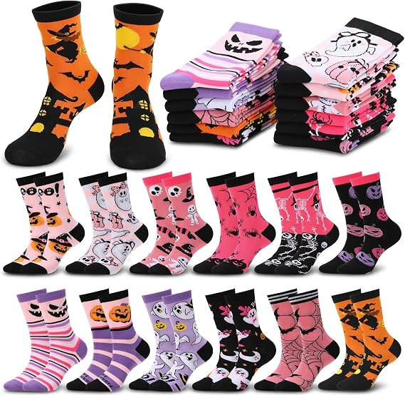 12 Pairs Halloween Crew Socks for Women Girls, Novelty Funny Sock