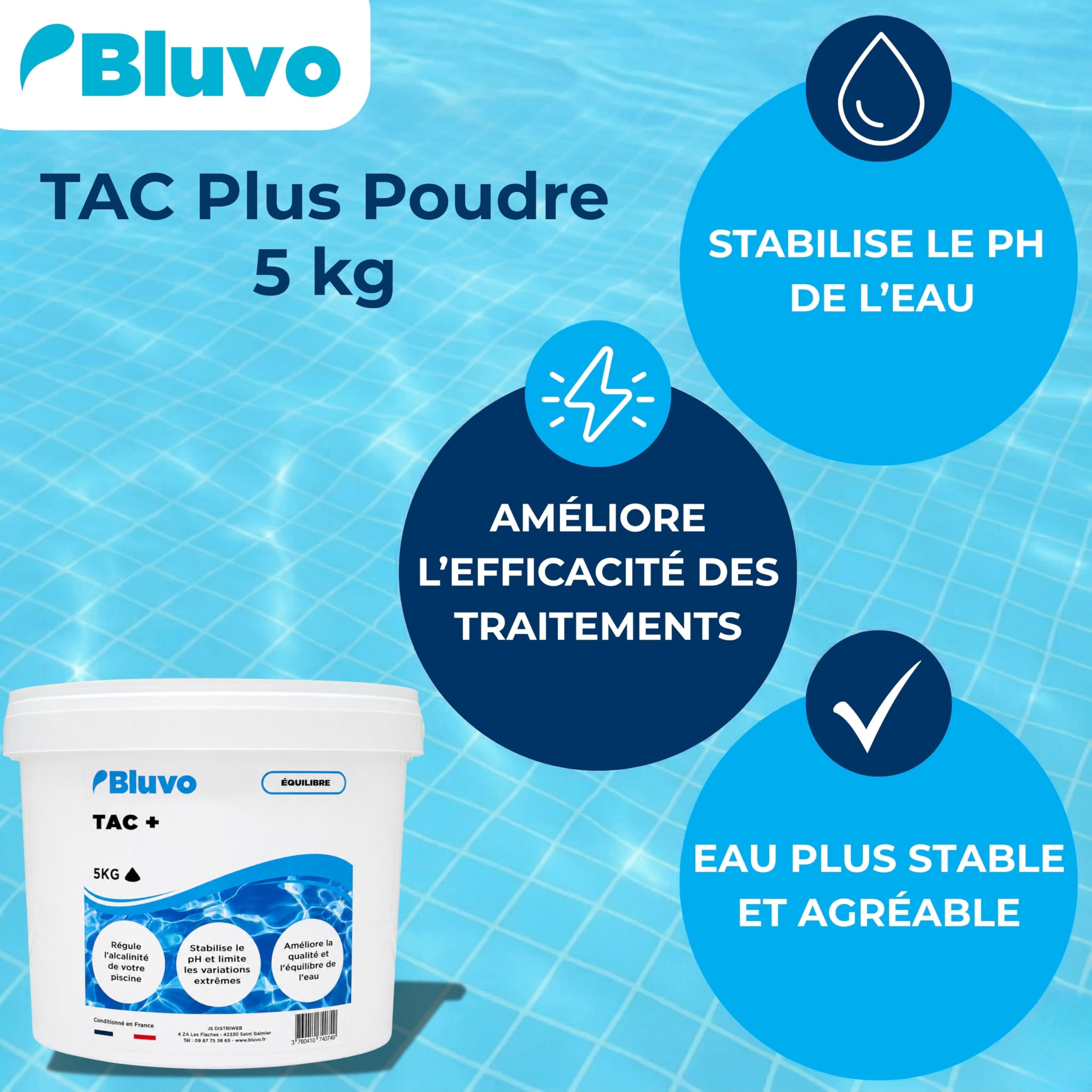 TAC Plus Piscine – Correcteur d’Alcalinité TAC+ en Poudre | Augmente Le TAC et Stabilise Le pH | Traitement Eau Piscine et Spa | Seau 5 kg | Conditionné en France