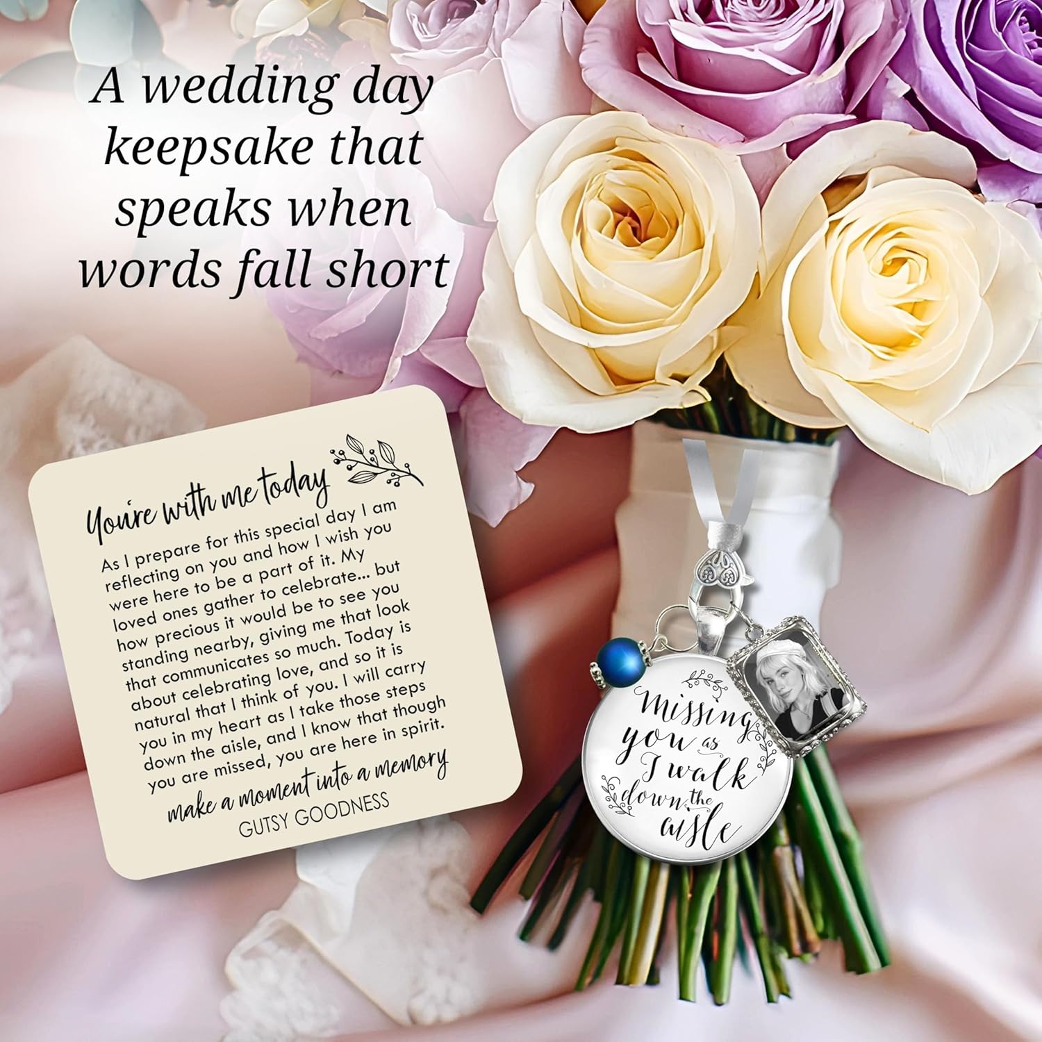 Gutsy Goodness Missing You As I Walk Down the Aisle Wedding Bouquet Memory Charm Memorial Bridal Pendant Jewelry Photo Frame - Image 2