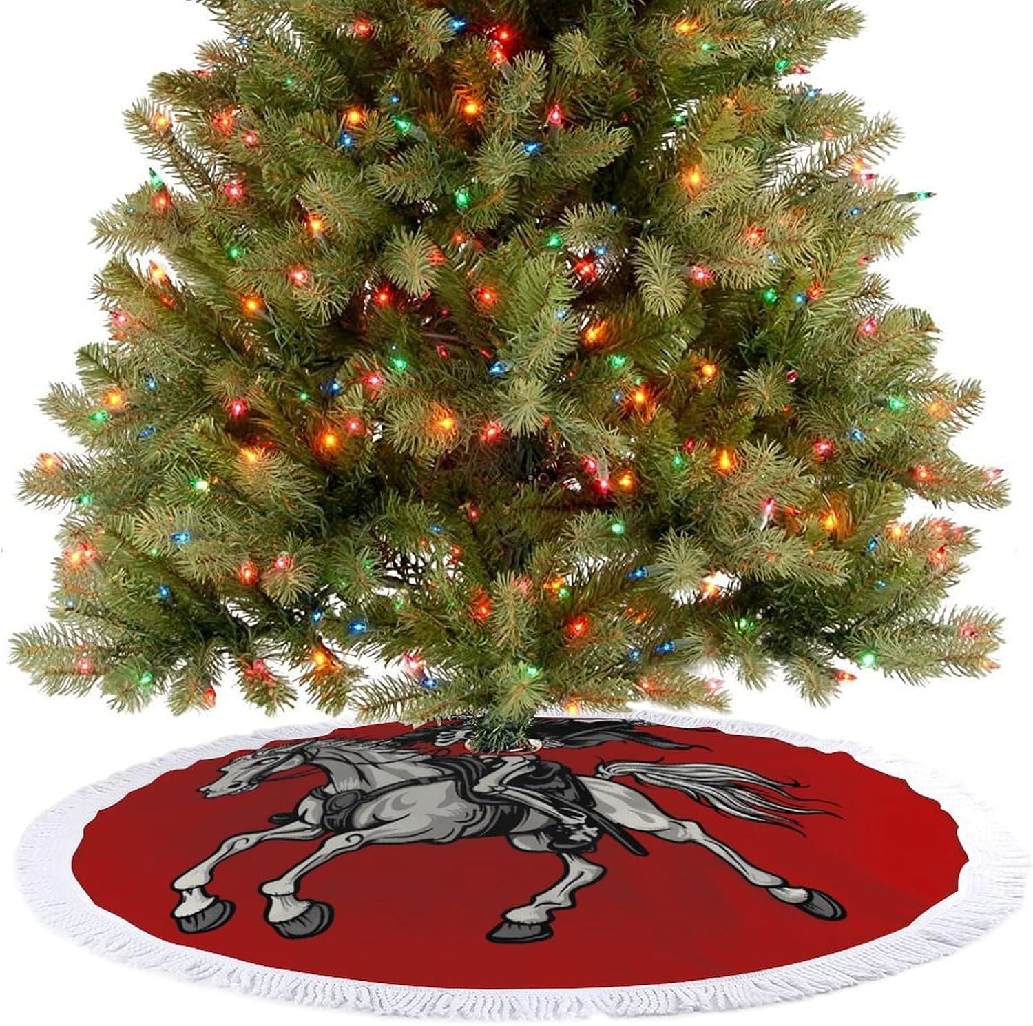 Skeleton Riding Horse Print Christmas Tree Skirt Round Xmas Tree Mat Ornaments Tree Skirts with Tassels for Holiday Party