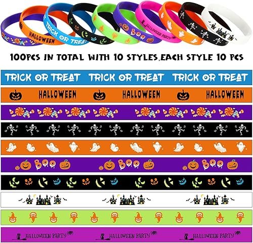 Miniatura 2 de Hiboom 100 pulseras de goma de Halloween a granel, regalos de fiesta de Halloween, regalos de dulce o truco, rellenos de bolsas de golosinas,