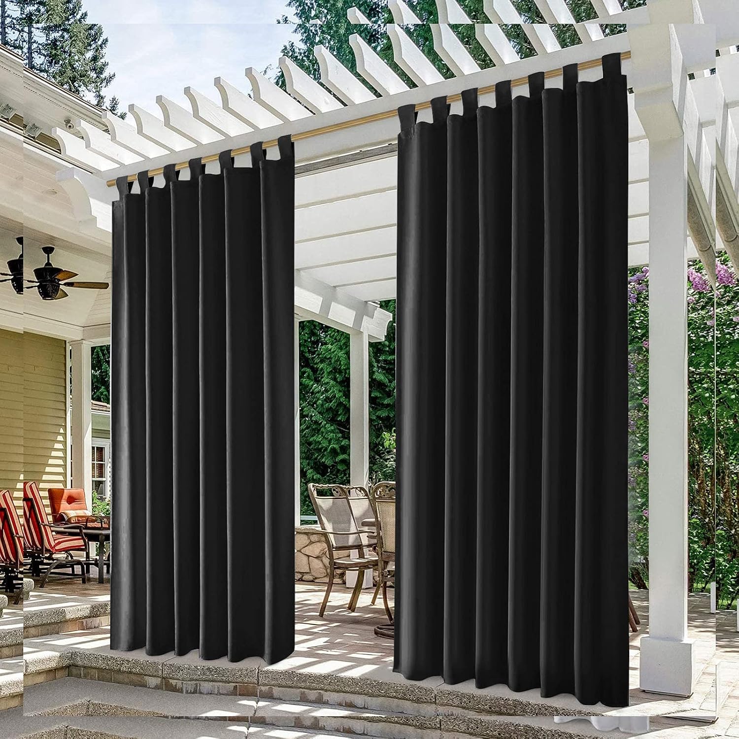 RDJSHOP Outdoor Patio Curtain Waterproof, 2 Panel Blackout Curtains for Bedroom, Windproof Gazebo Thermal Insulated Curtains, Drapes with Elegant Tab Top,Black-W52 xH72