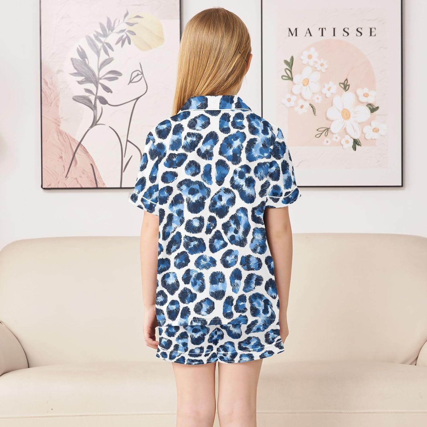 Kids Satin Wear Set Blue and White Leopard Print Pattern Relaxed Fit Clothing Short Sleeve and Shorts