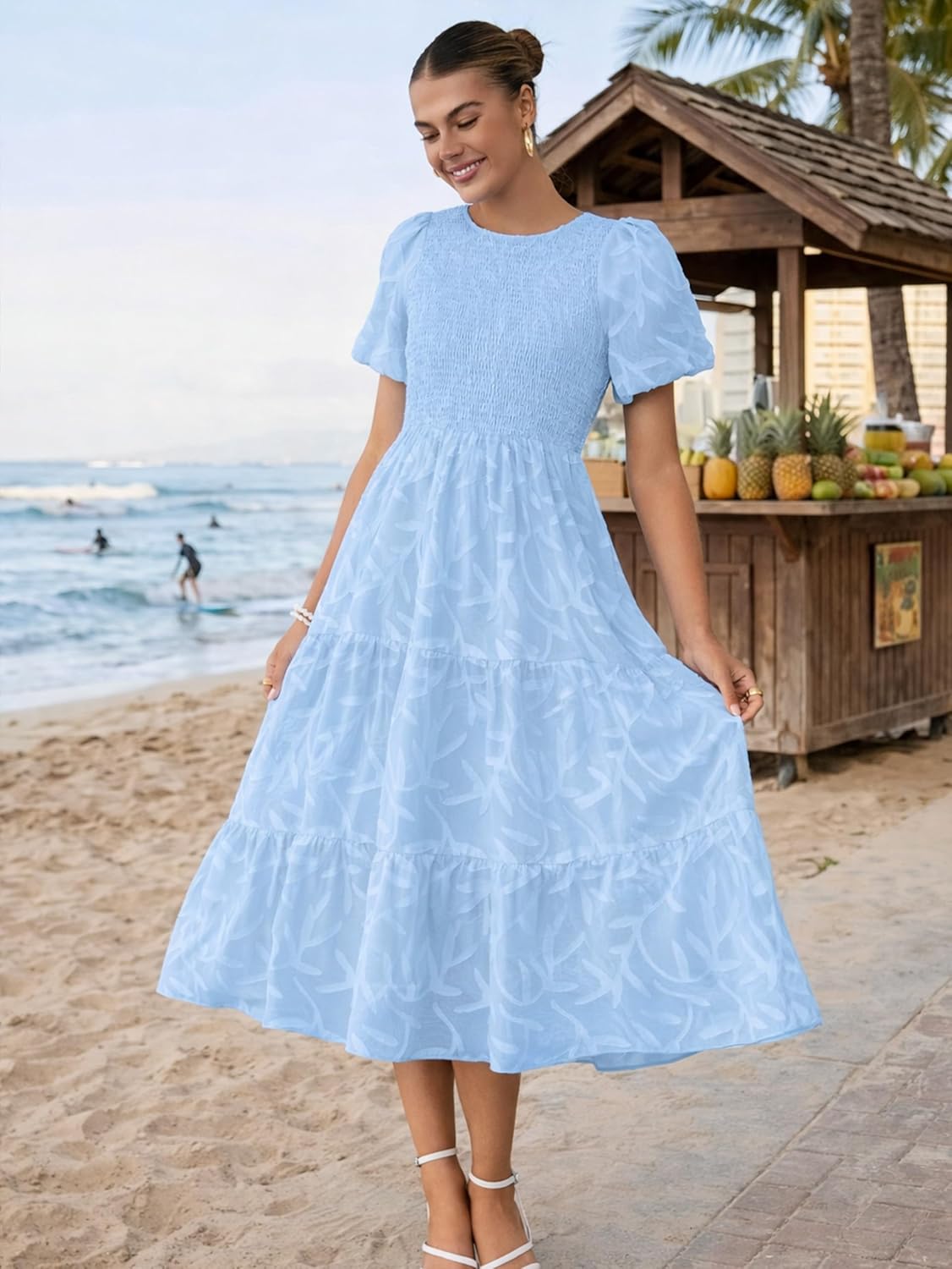 BerryGo Womens Summer Chiffon Midi Dress Short Sleeve Flowy Smocked Crewneck A Line Tiered Wedding Guest Dresses 2026 - Image 4