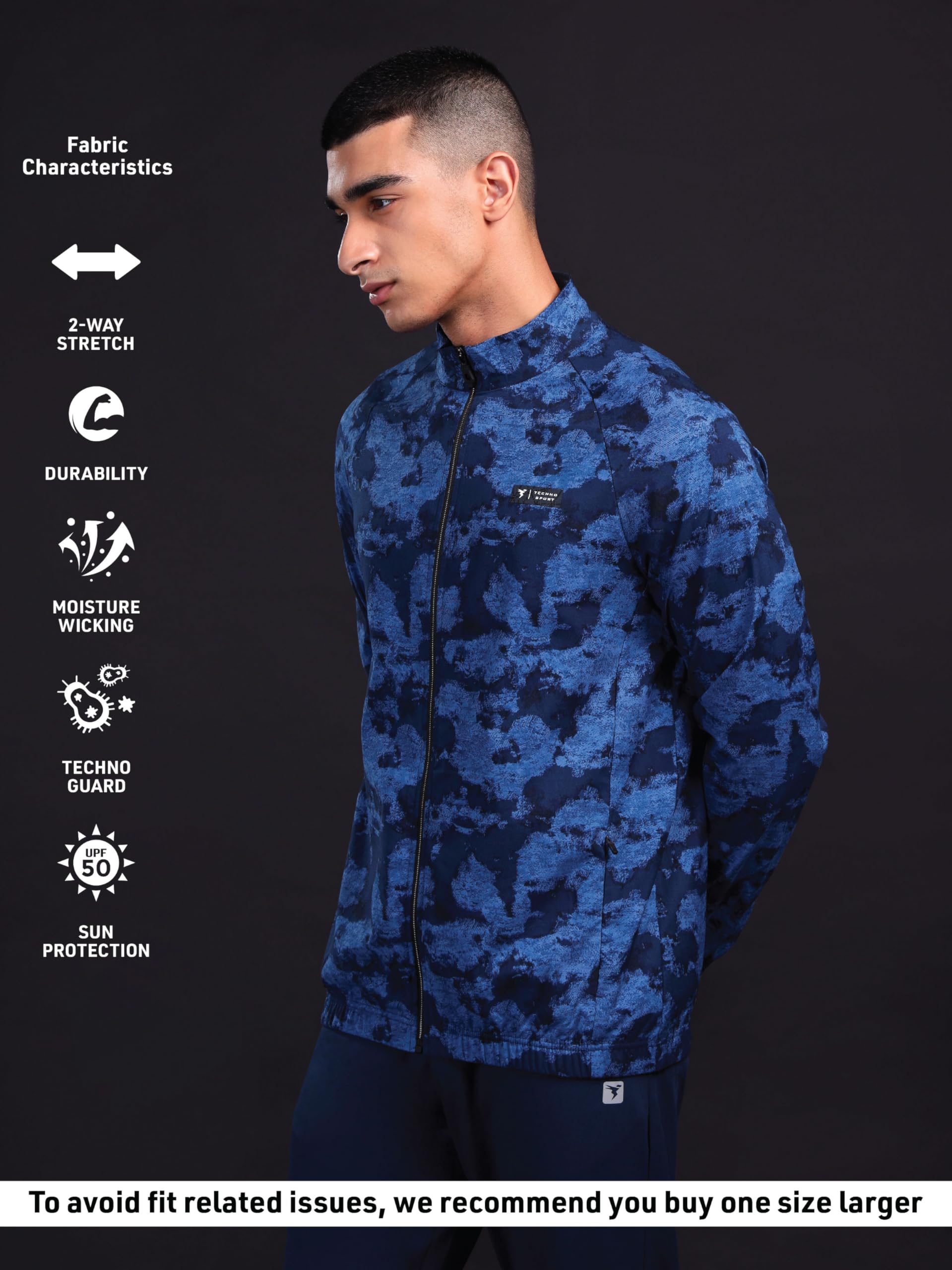 TECHNOSPORT Men's Slim Fit Printed Regular Jacket With SPF50+, Quick Dry for Regular Use - (PM92BCL_Blue Coral_XL) - Image 4 thumbnail