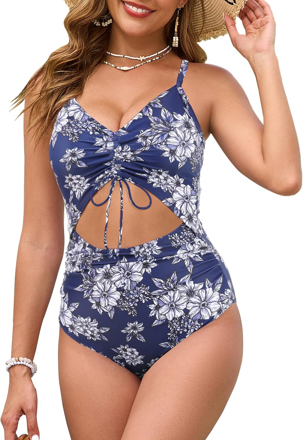 VIAURBE Women One Piece Swimsuits Tummy Control Cutout Drawstring High Waisted Bathing Suit Wrap Tie Back 1 Piece Swimsuit Navy White Flower S