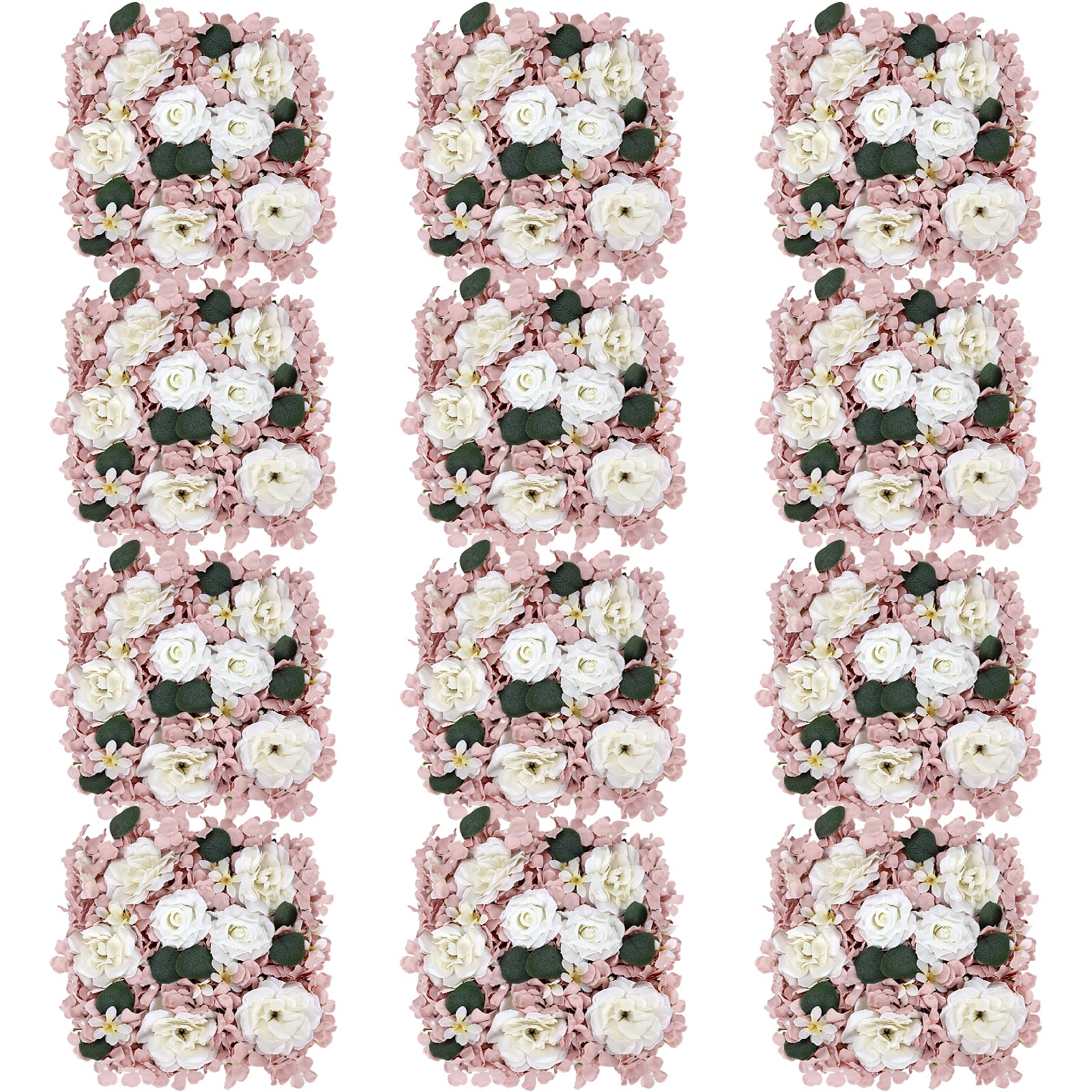 pack of 12 artificial silk flower panels, faux floral wall background for wedding party engagement bridal shower arrangement home decorations - dusty pink & white