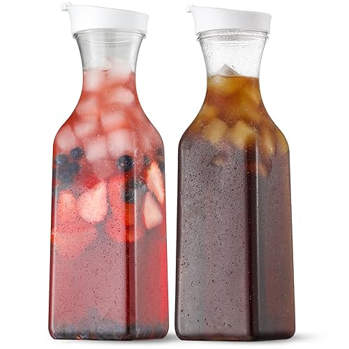 NETANY Plastic 50 Oz Water Carafe with Flip Top Lid, Set of 2 Square Base Juice Containers, Clear Plastic Pitcher - for Water, Iced Tea, Juice, Beverage, Cold Brew and Mimosa Bar - HAND WASH ONLY - 2 PACK