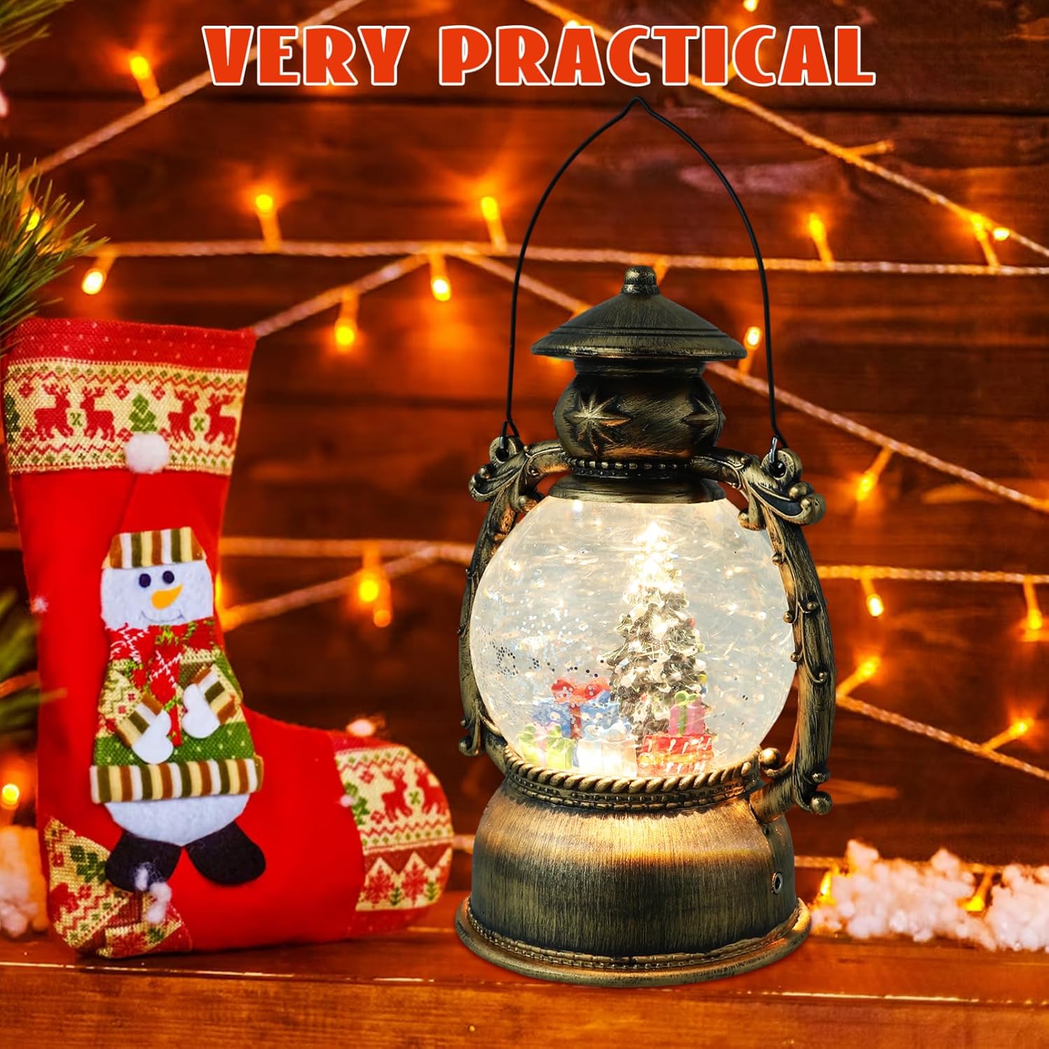 PRETYZOOM Christmas Snow Globe Lantern with Led Lights Music Festive Decor for Holiday Home Battery USB Powered Boys and Girls Family