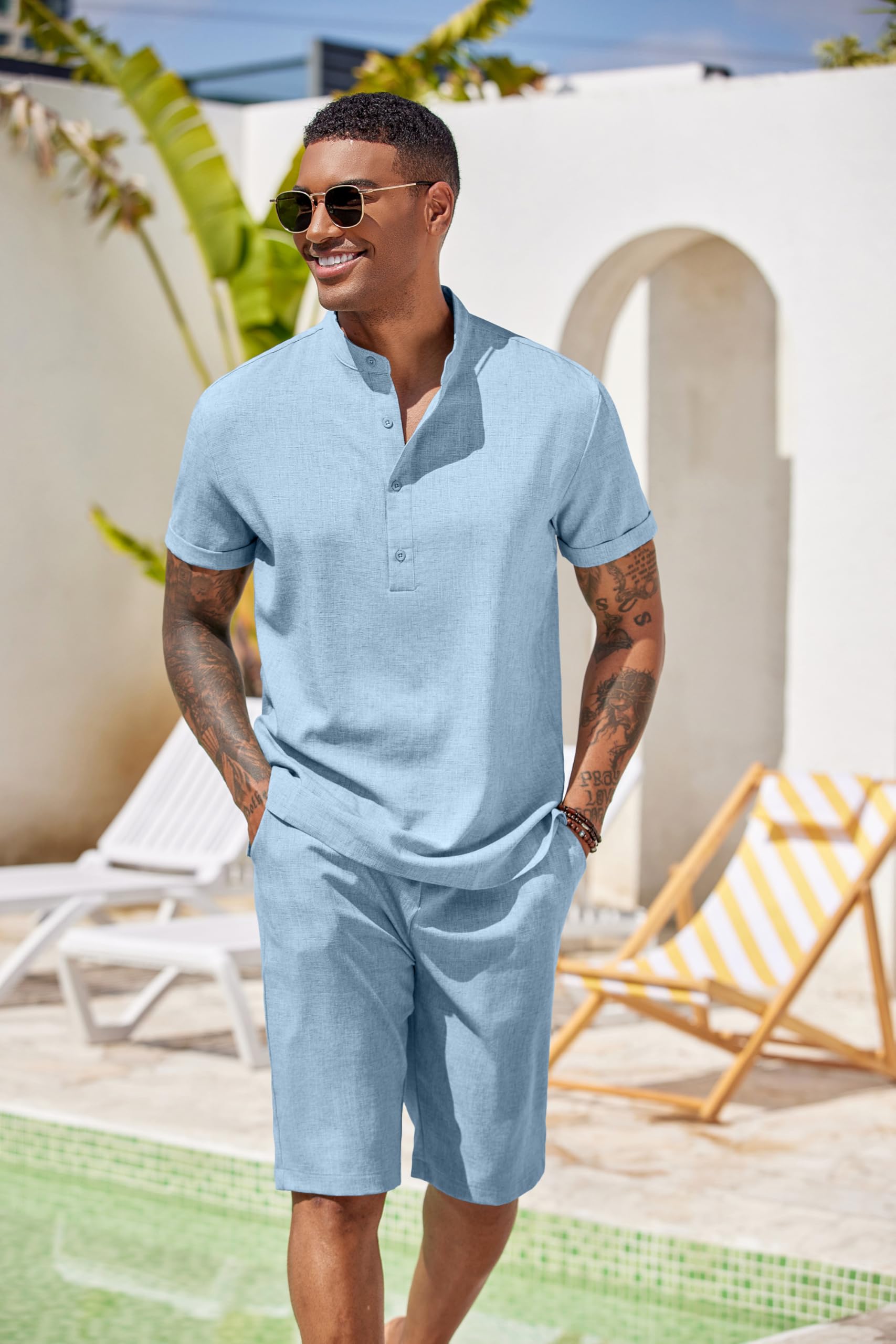 COOFANDY Ensemble 2 pièces pour homme - Chemises et shorts Henley à manches courtes - Texture - Pour l'été, la plage, les vacances | Fermeture à boutons, plage, été, léger, respirant, cordon de serrage réglable