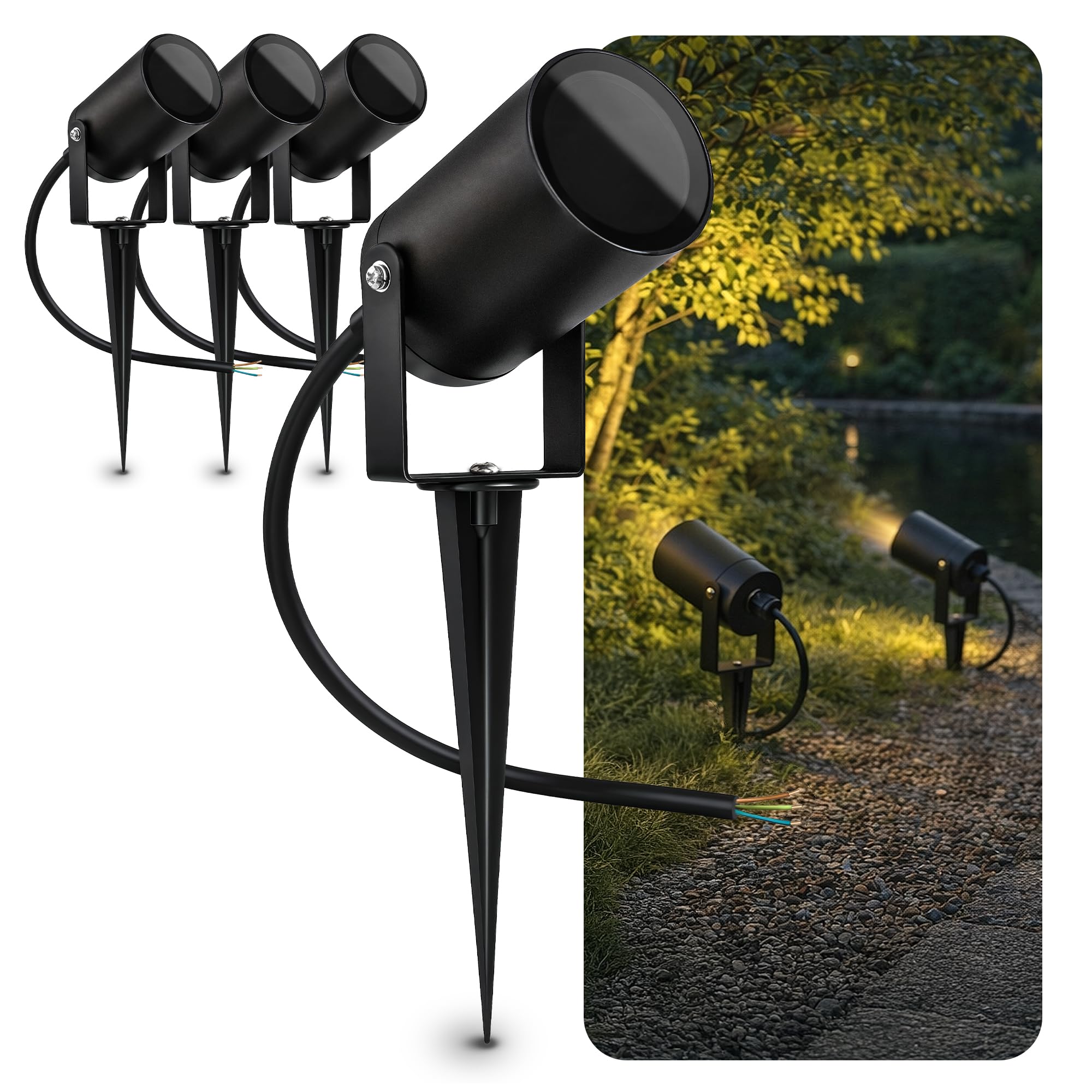 SSC-LUXon 4x KALOA Gartenstrahler mit GU10 Fassung schwenkbar - indirekte Gartenlampe IP44 mit Erdspieß & Kabel für den Direktanschluss an 230V