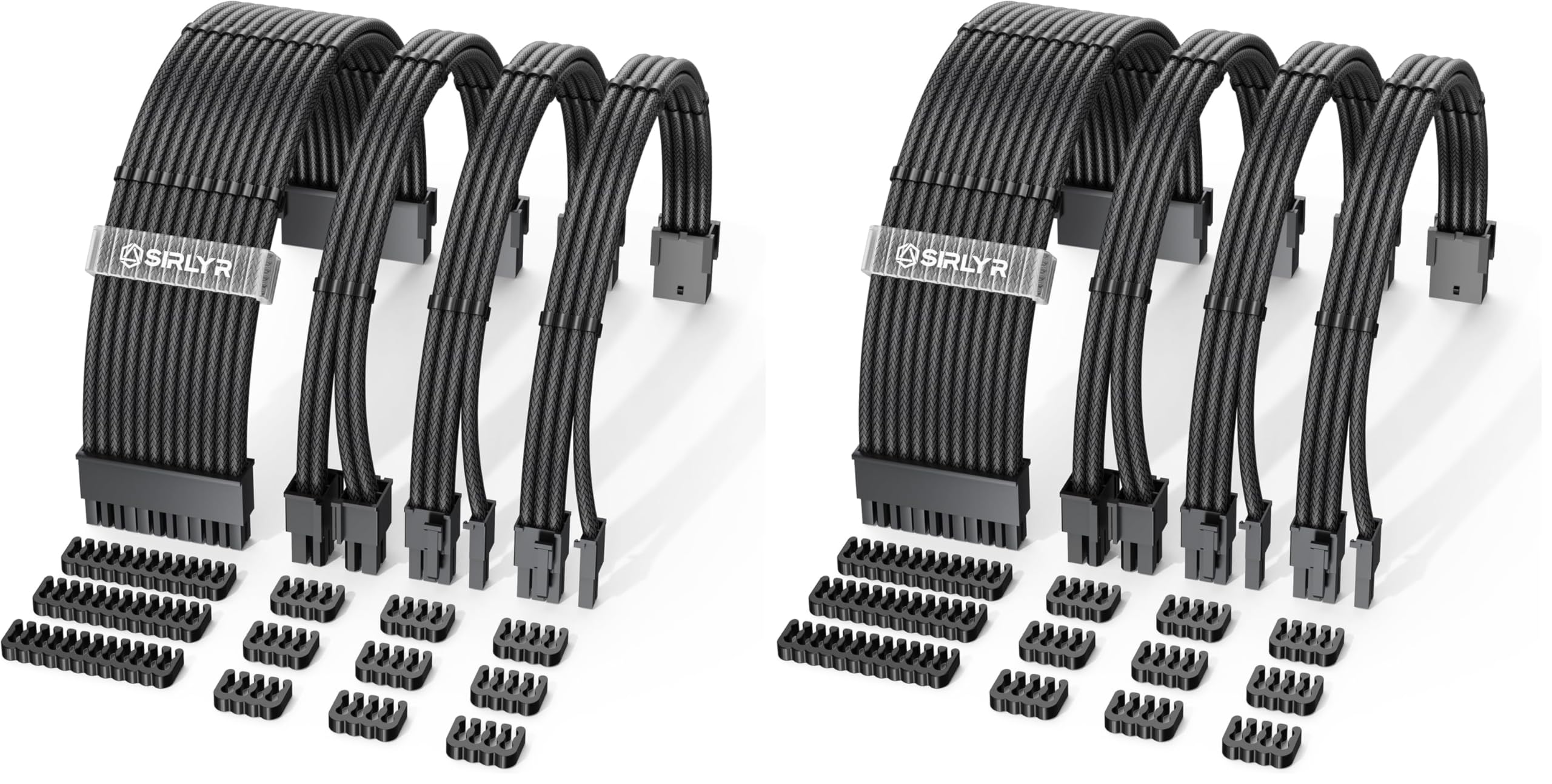 Sirlyr PSU Kabelverlängerung Kit 16AWG – 24Pin ATX, 8Pin EPS, 2x 8Pin PCIE (vergoldet), Dual Cable Combs, vorgebogen & sleeved | PC Kabel Extension Set, Netzteil Kabel Set (Packung mit 2)