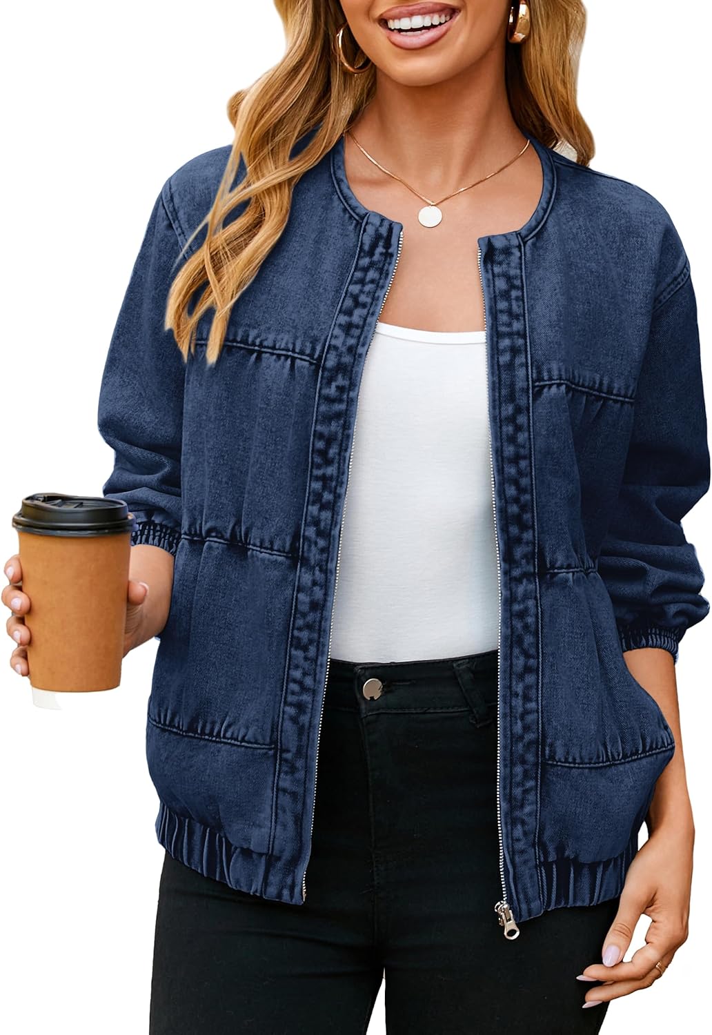 Glamaker Womens Denim Bomber Jacket Trendy Casual Zip Up Crew Neck Long Sleeve Loose Fit Jean Jacket Fall Outfits