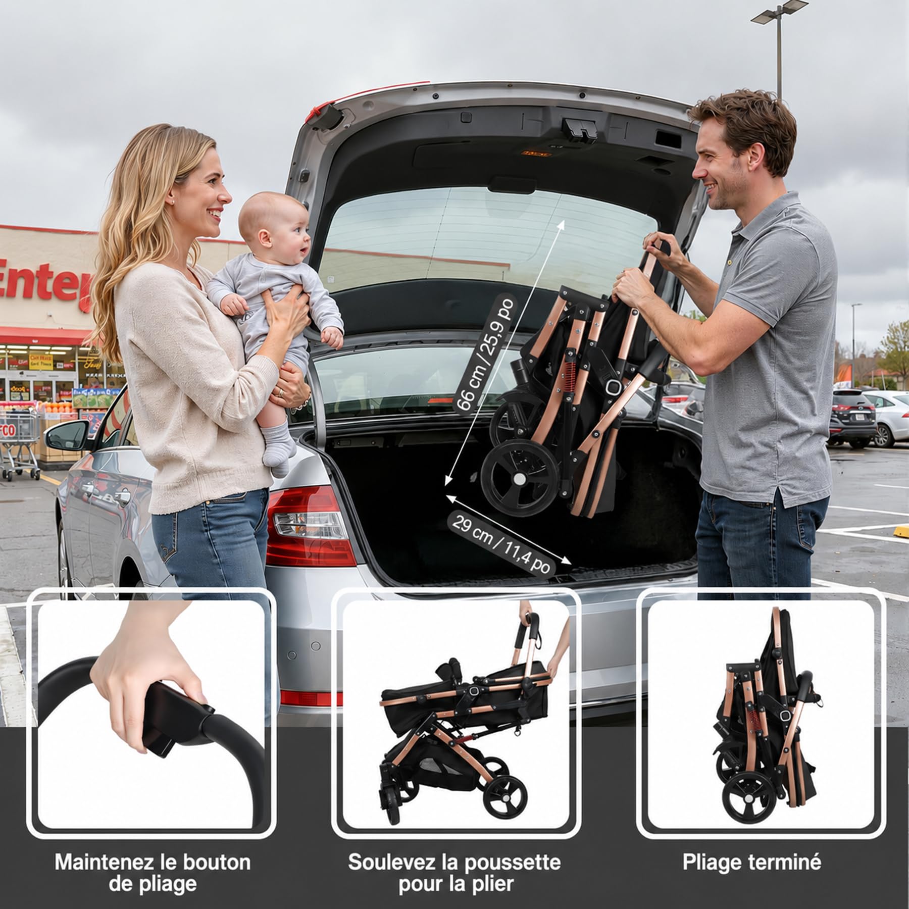 Poussette Bébé 2 en 1 Convertible, Naissance avec Mode Nacelle, Siège Réversible, Capote UPF Anti-UV, Suspension Antichoc, Harnais 5 Points, Voyage Pliable, Nouveau-né à Tout-Petit