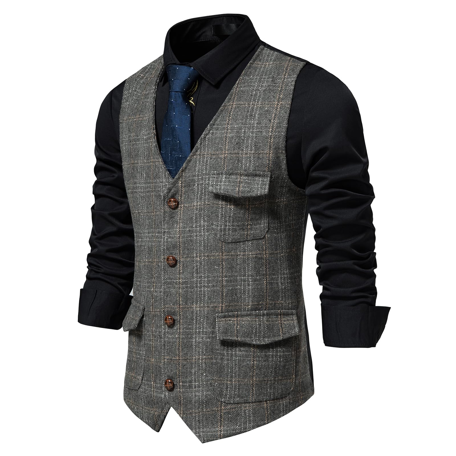 MakingDa Gilet à carreaux pour homme - Sans manches - Col en V - En tweed - Style décontracté - Avec poche