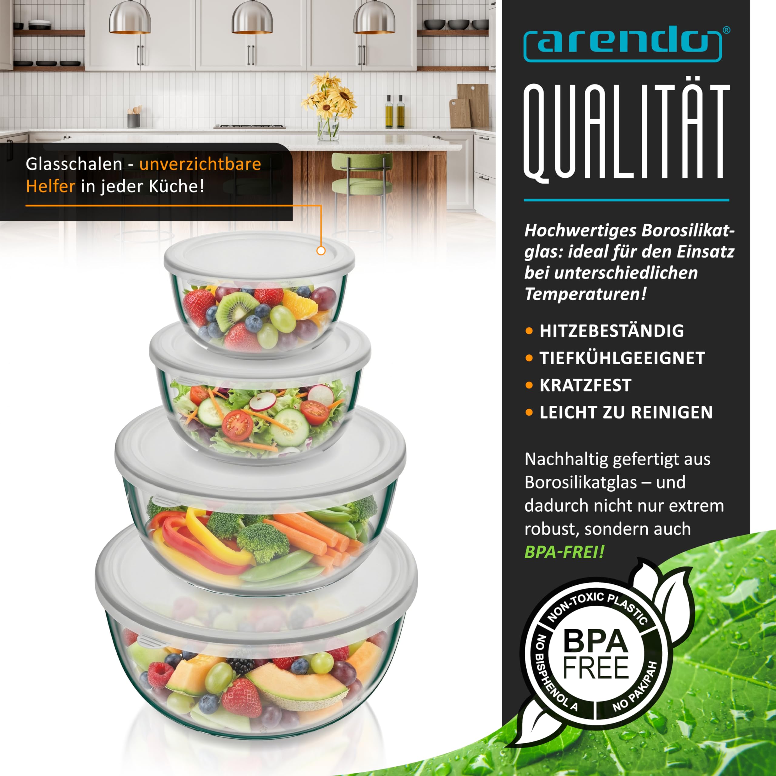 Arendo - Salatschüssel aus Glas mit Deckel - Glasschüssel 4er Set - 700ml + 1100ml + 2700ml + 4400ml – Rührschüsseln klein bis groß – Borosilikatglas - Glasschale Salatglasschale