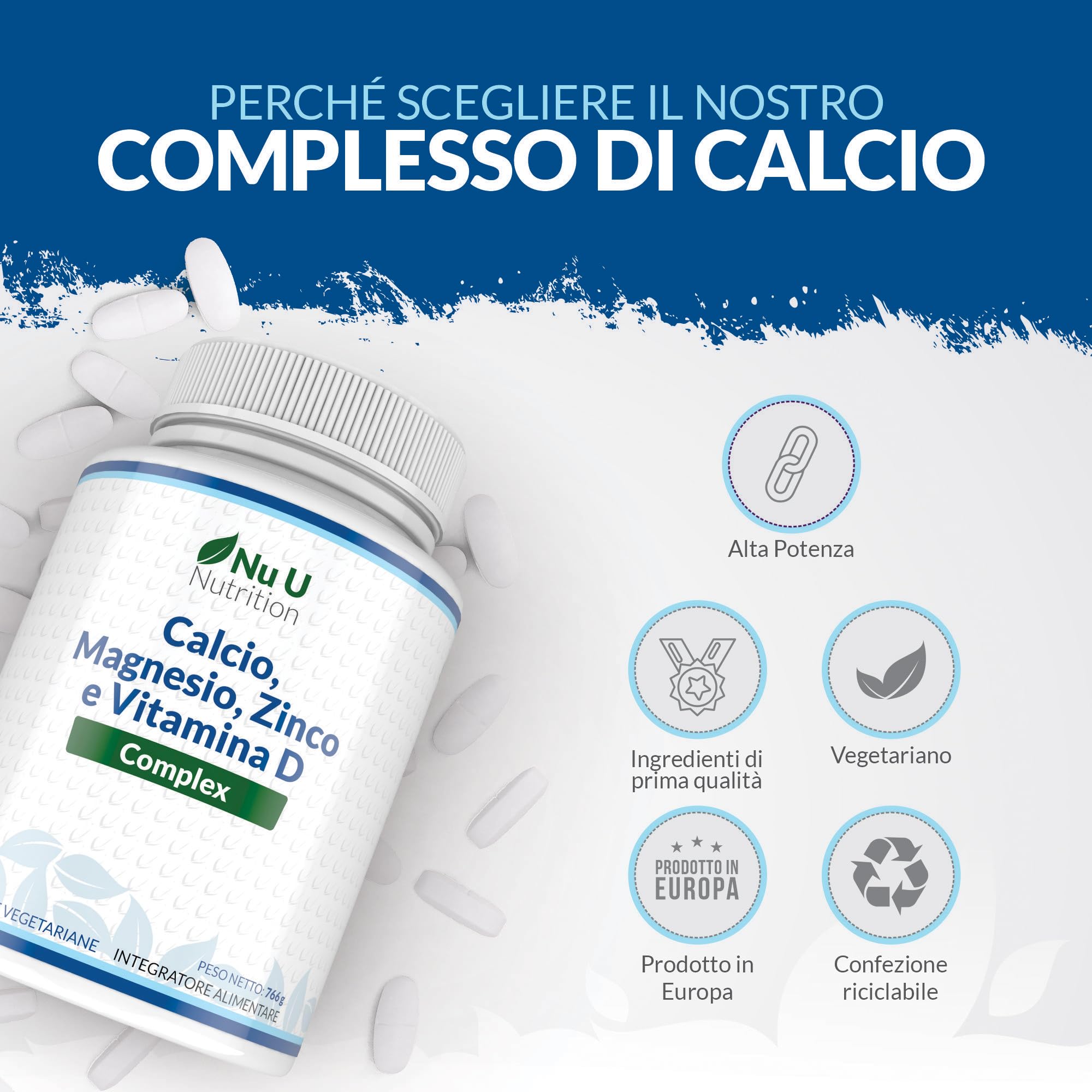 Calcio, Magnesio, Zinco e Vitamina D3 ad Alto Dosaggio - 365 Compresse Vegetariane - Complesso con Selenio, Rame, Manganese e Boro - 6 Mesi di Durata - Prodotto in Europa - Nu U Nutrition