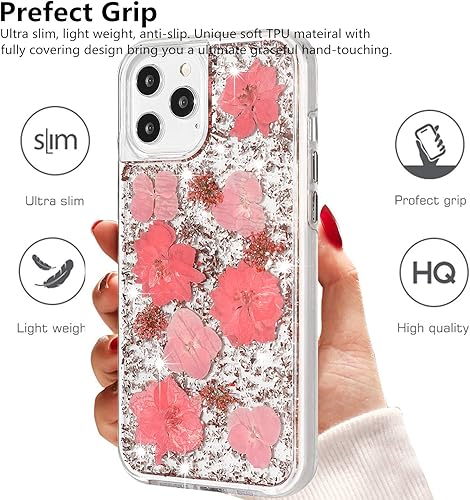Miniatura 3 de Funda para iPhone 12 Pro Max, funda de lujo para mujer, diseño de flores naturales con purpurina, carcasa trasera dura con parachoques de TPU para