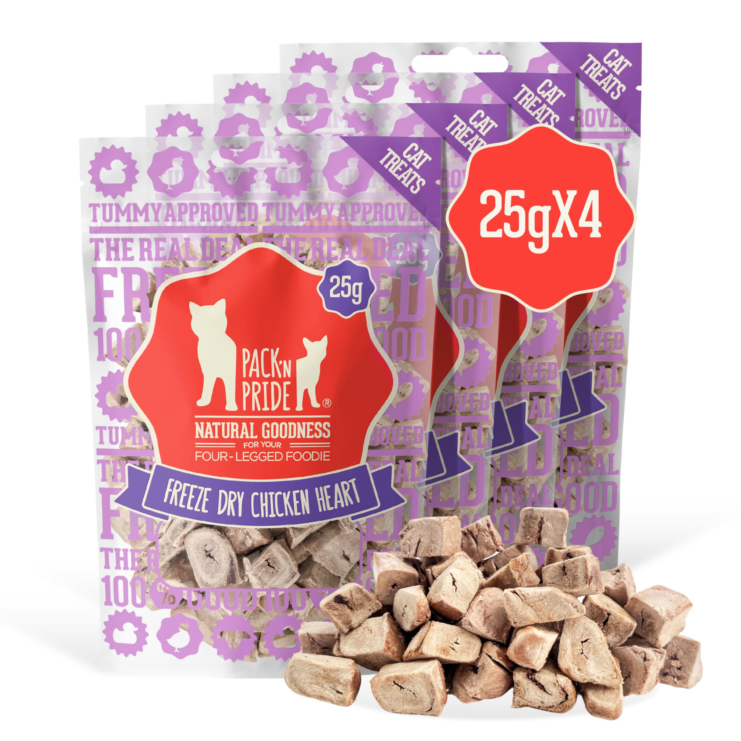 PACK'N PRIDE Cat Treats, 4 Pack*25g=100g Freeze Dried Chicken Hearts Treats for Indoor Cats, Natural Taurine Snack for Cat, High Protein & Easy Digestion Food Topper