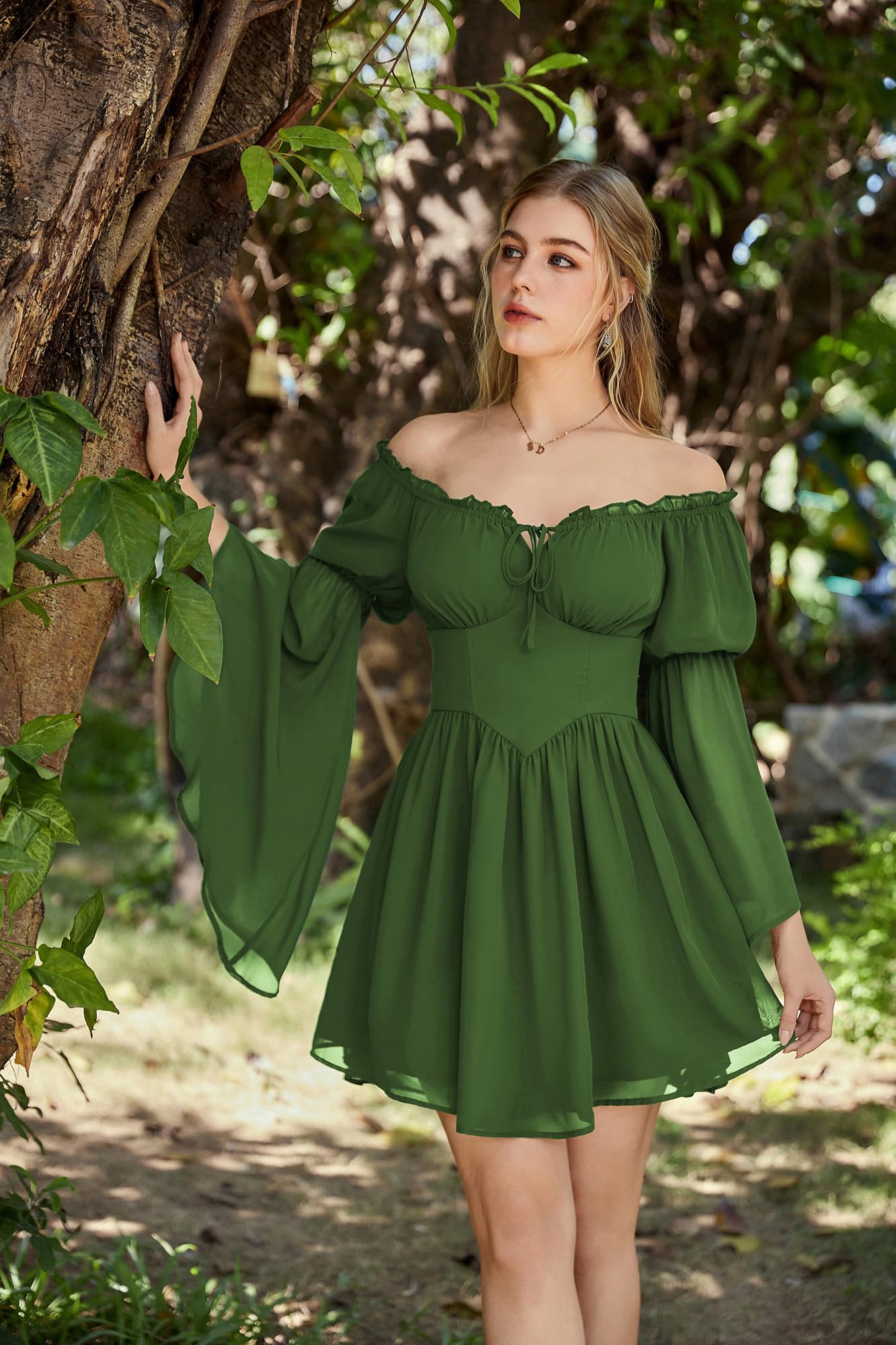 SCARLET DARKNESS Mini abito estivo da donna rinascimentale, spalle scoperte, con lacci, in chiffon, a maniche lunghe