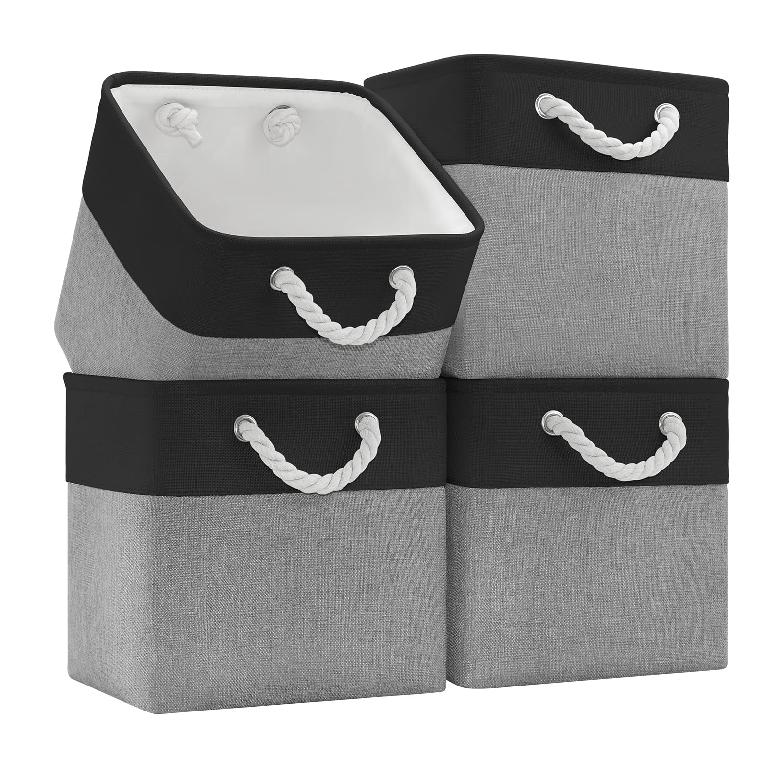 Patvingot 11 Inch Cube Storage Bins, 4 Pack Fabric Storage Cubes with Rope Handles, Organizer Baskets for Closet Shelves, Clothes and Home Organization(Dark/Gray)