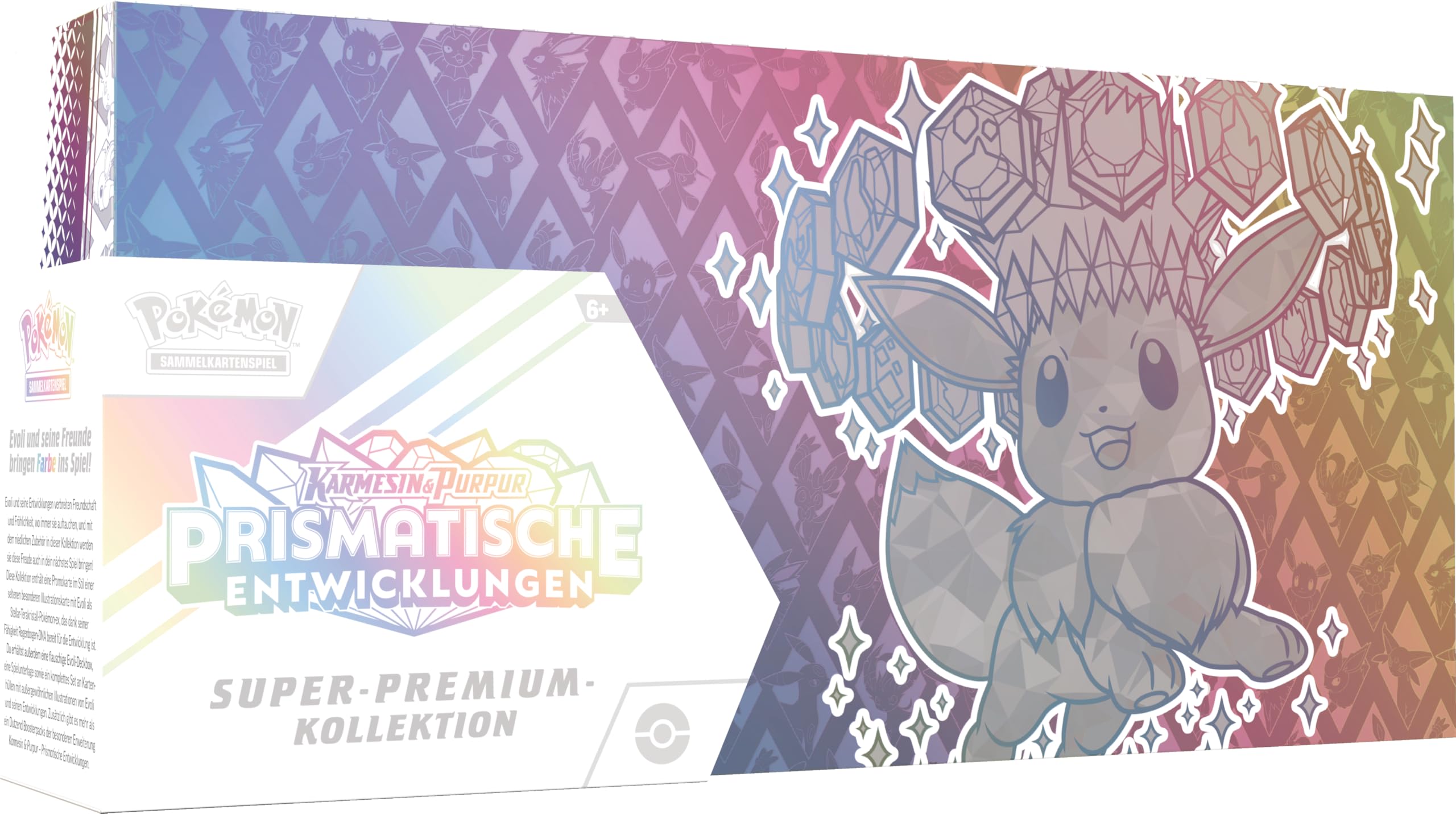 Pokémon-Sammelkartenspiel: Super-Premium-Kollektion Karmesin & Purpur – Prismatische Entwicklungen (1 holografische Vollbild-Promokarte,1 Flauschige Evoli-Deckbox & 15 Boosterpacks)
