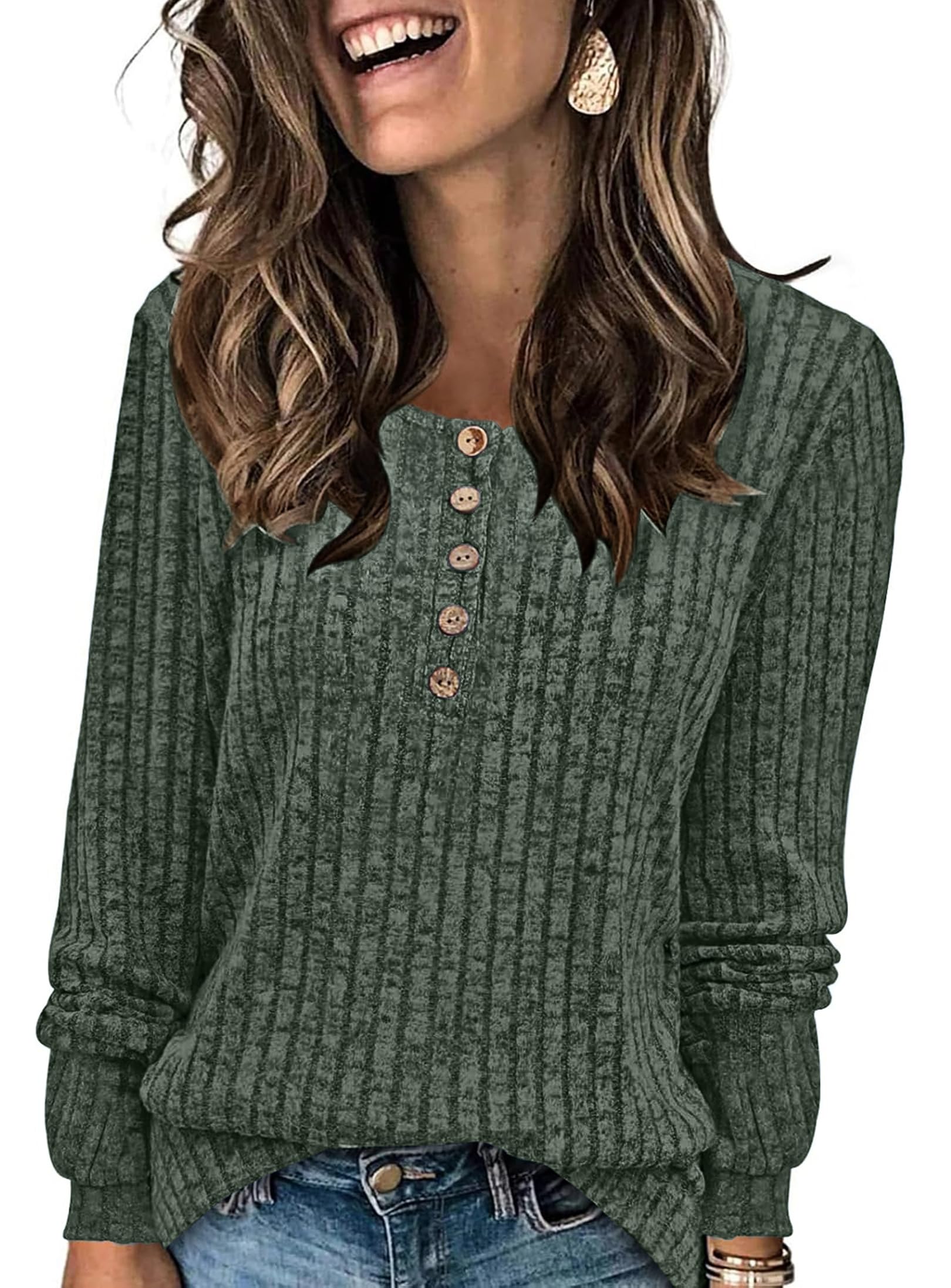 Suéter feminino manga comprida Henley túnica tops para usar com leggings gola redonda suéteres modernos 2025