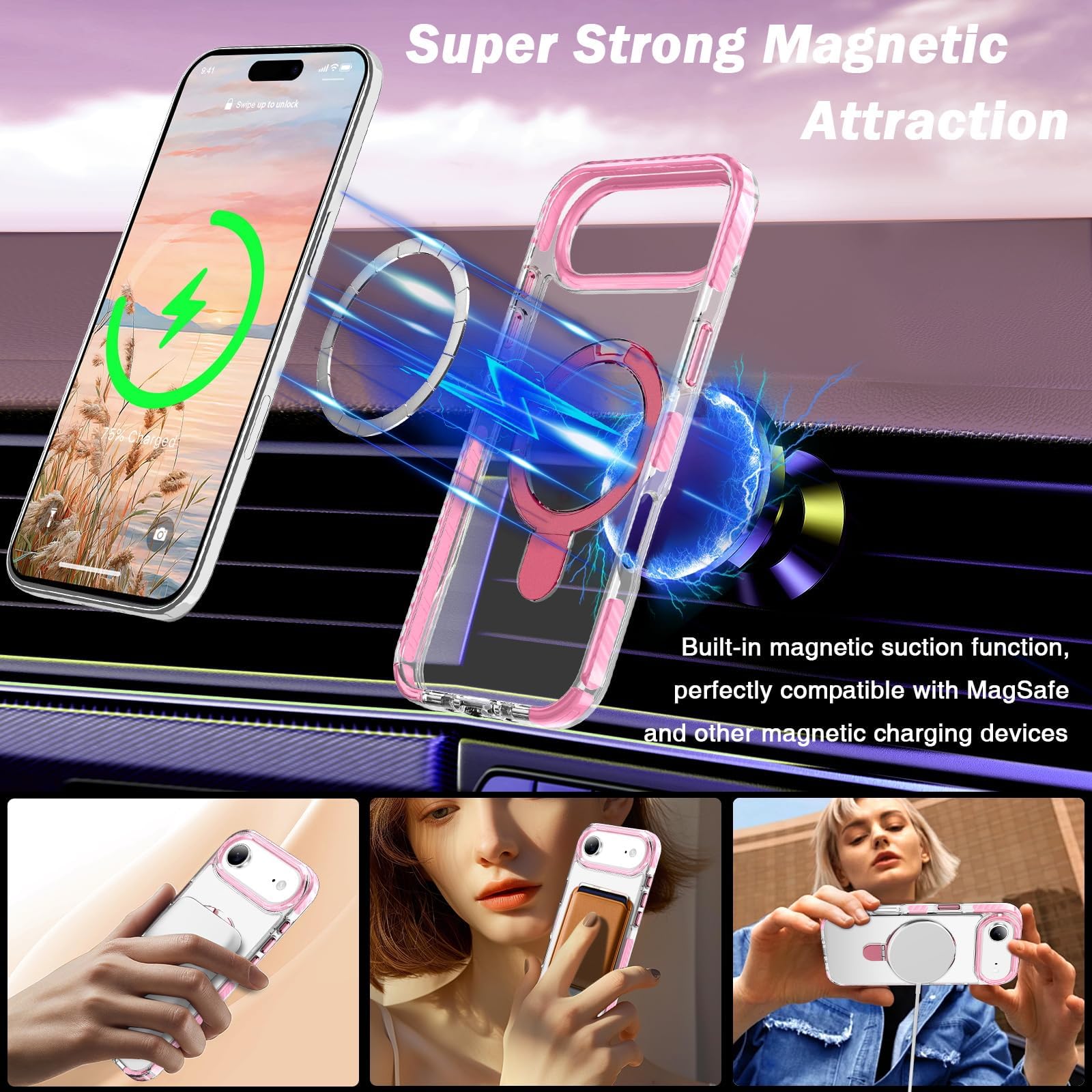 Coque magnétique transparente pour iPhone 17 Plus avec anneau de