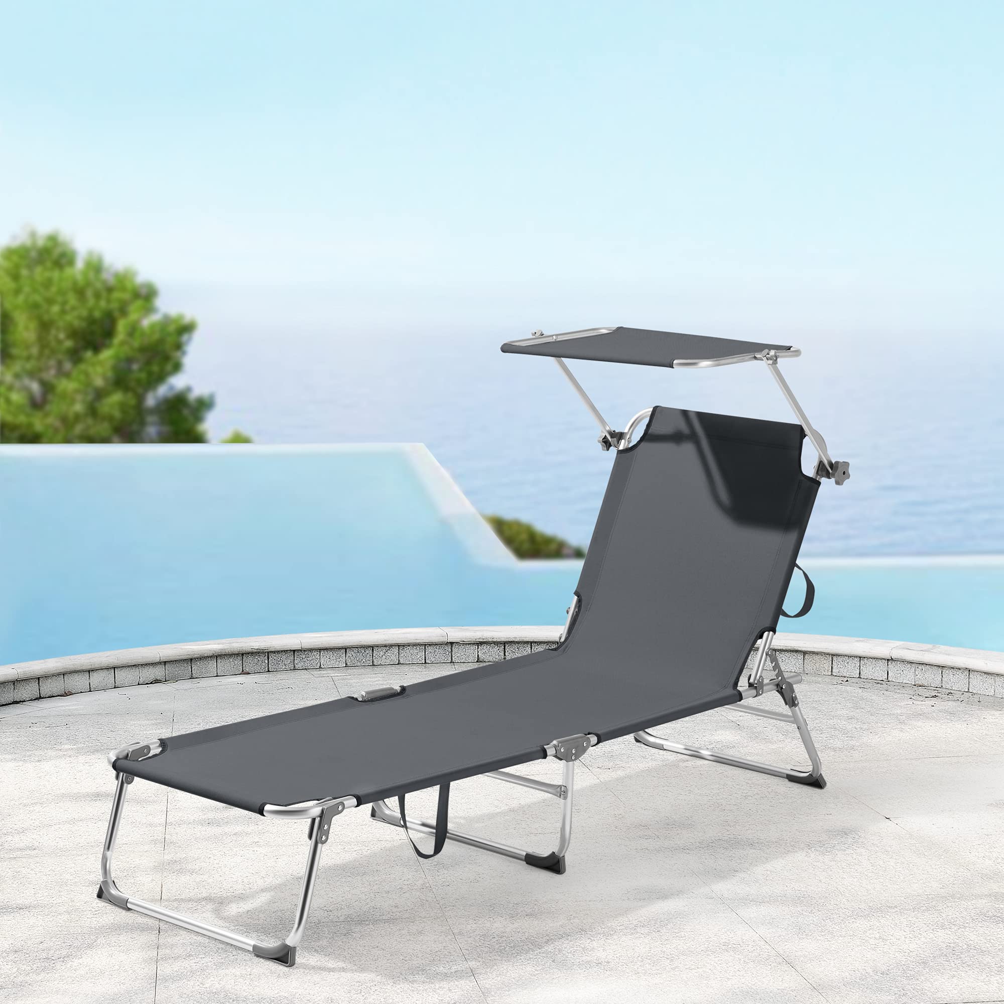 [en.casa] Sonnenliege mit Dach Legorreta Liegestuhl klappbar Strandliege Aluminiumgestell bis 115 kg Gartenliege mit Rückenlehne verstellbar Dunkelgrau