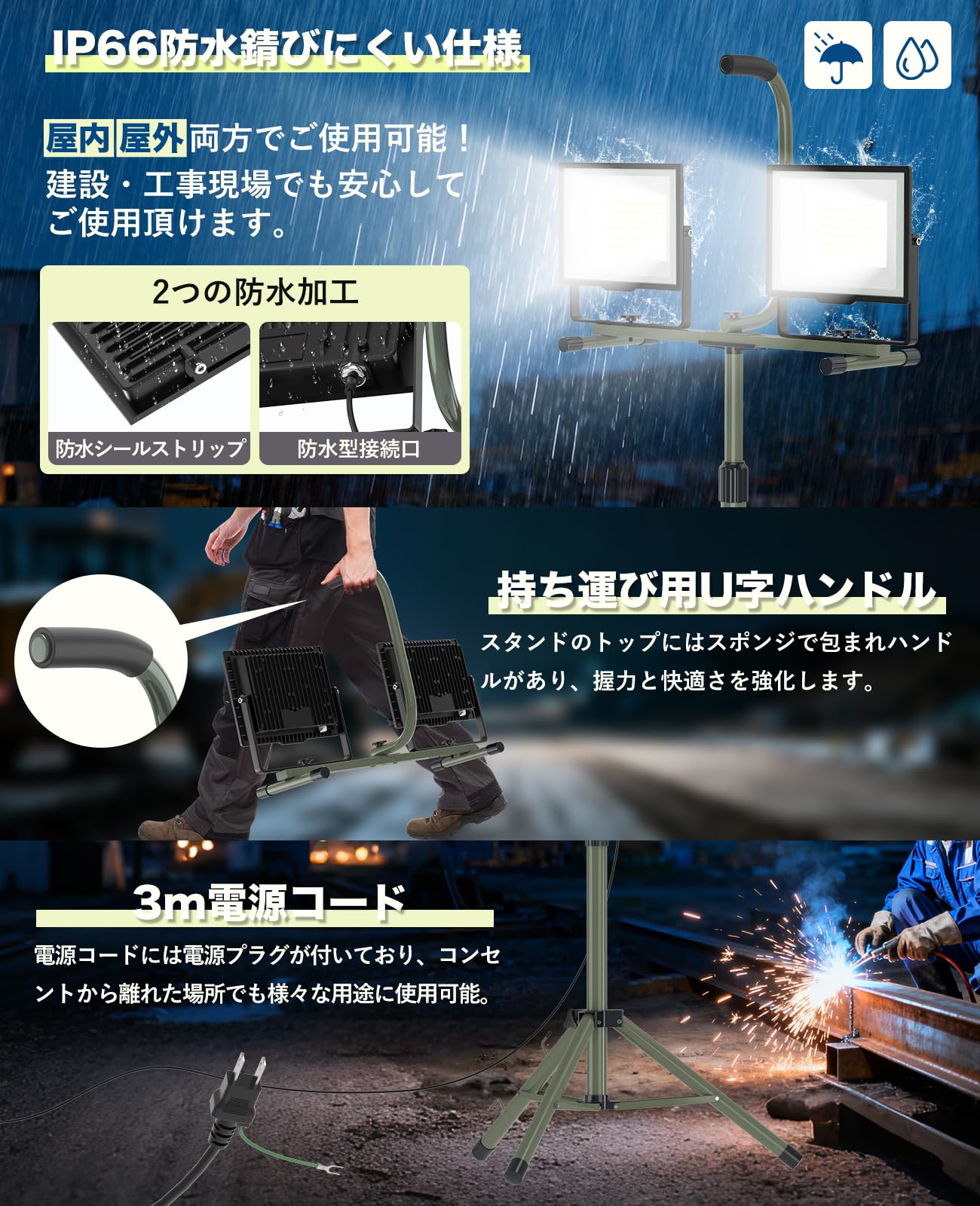 Amazon.co.jp: KIWEN 投光器 led スタンド付き 200W 30000lm 屋外