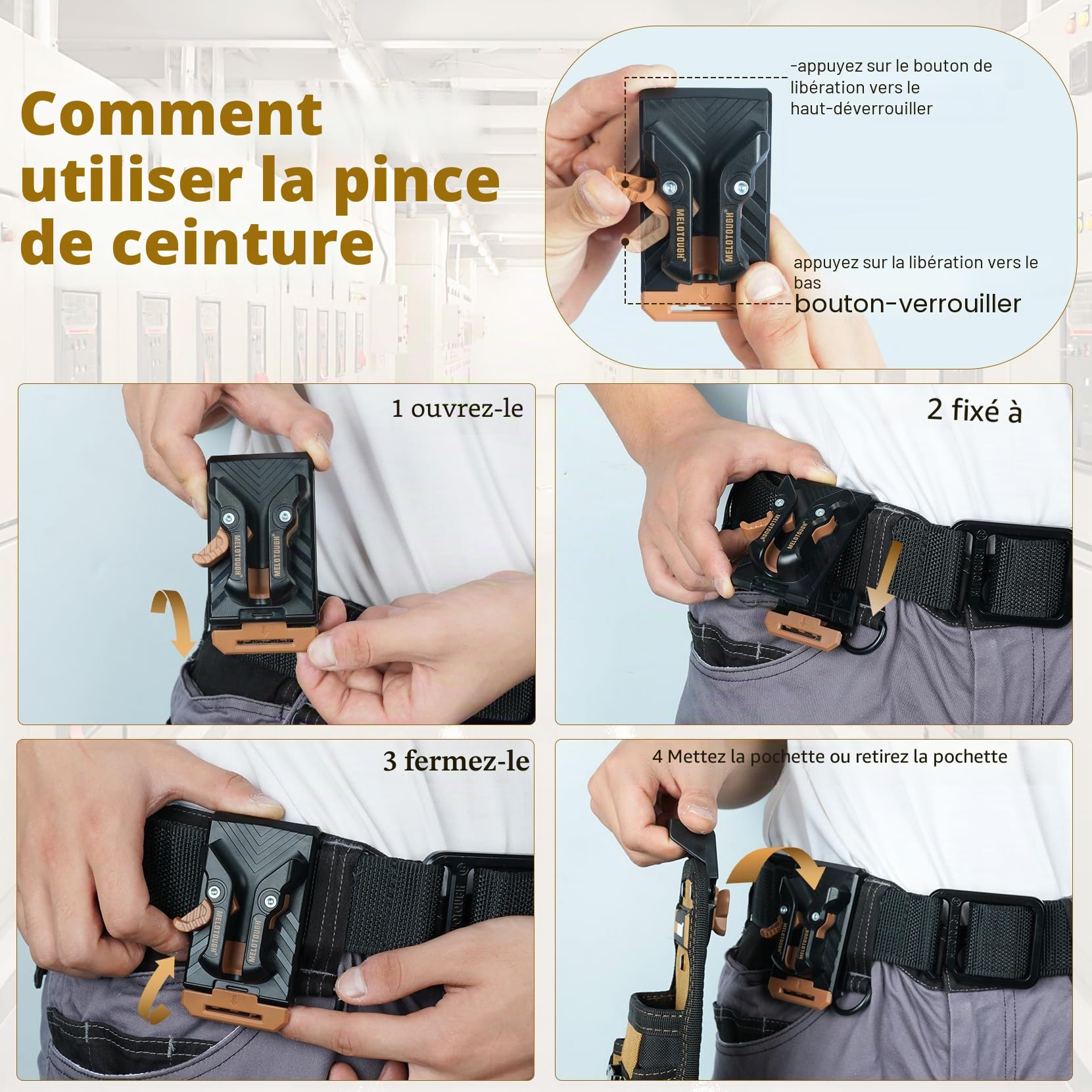 MELOTOUGH Petite pochette à outils avec clip de ceinture à dégagement rapide, pochette de ceinture à outils avec clip de ruban adhésif d'électricien, mini étui de rangement d'outils de travail et