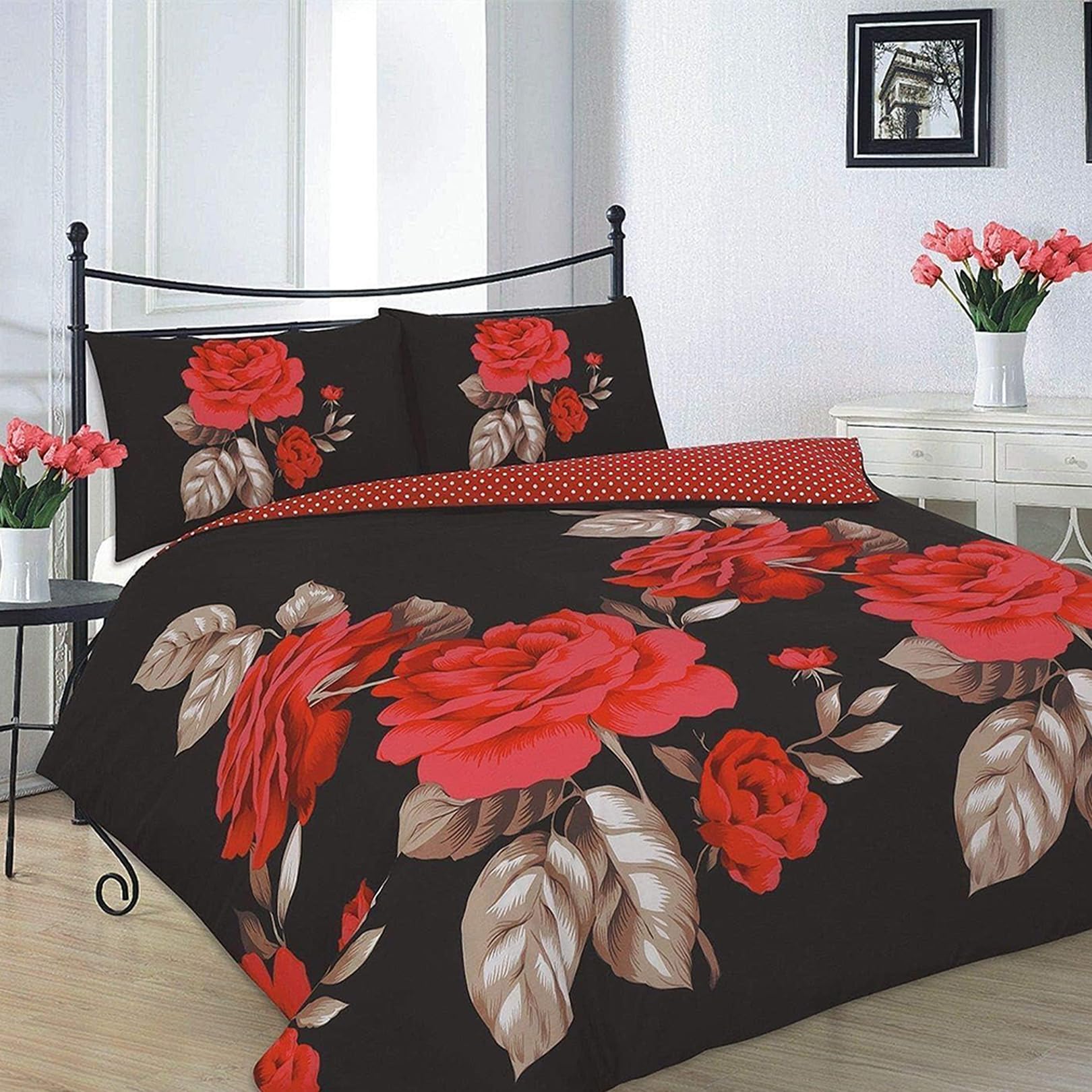 EGYPTO Luxury Printed Design Floral King Size Duvet Cover Sets with Matching Pillowcases Bedding, Floral Duvet Cover Set (Isabella Red, King)
