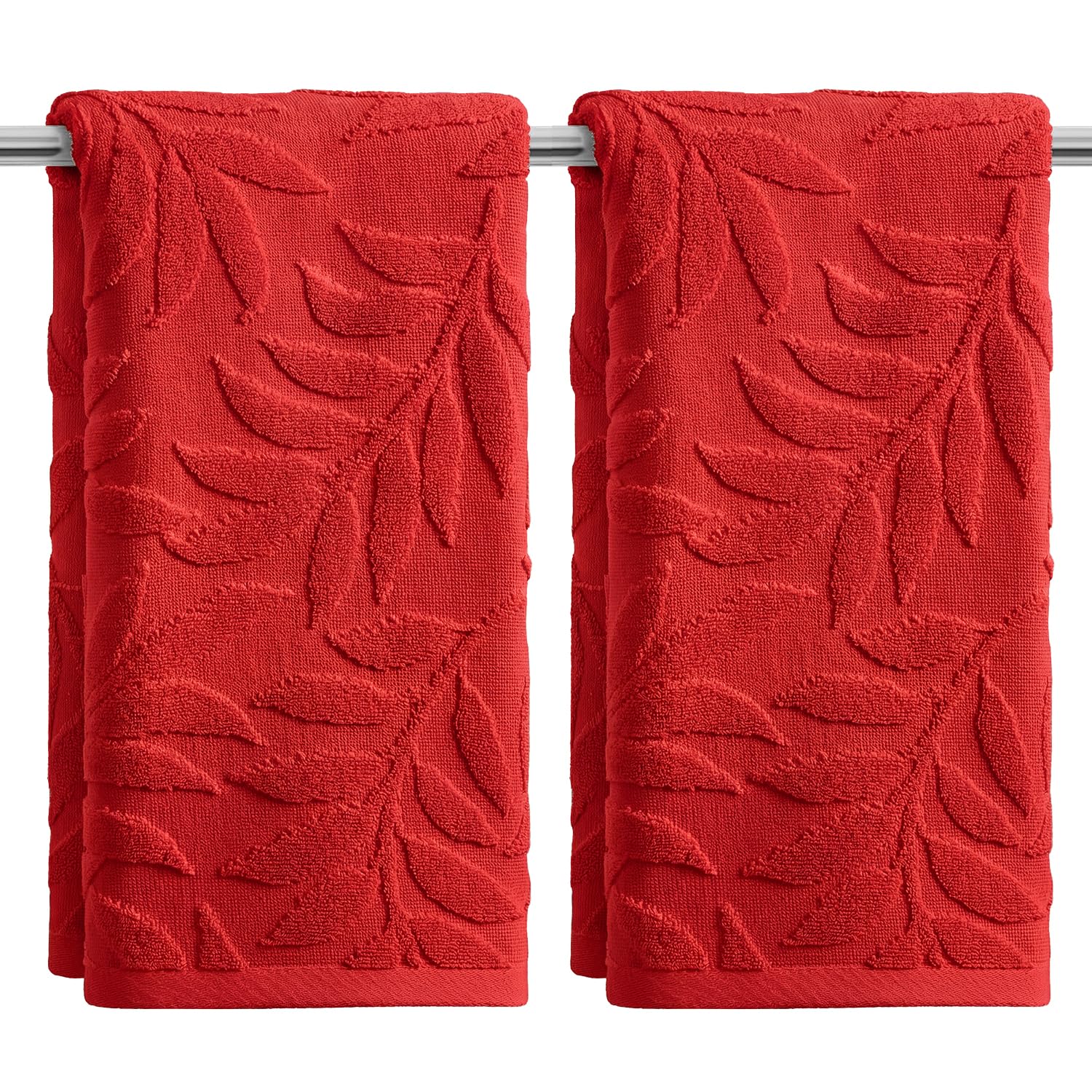 Artoid Mode Red 3D Leaves Jacquard Spring Hand Towels for Bathroom 35 x 75 cm, 100% Cotton Soft Absorbent Bathroom Decor Towels Set of 2