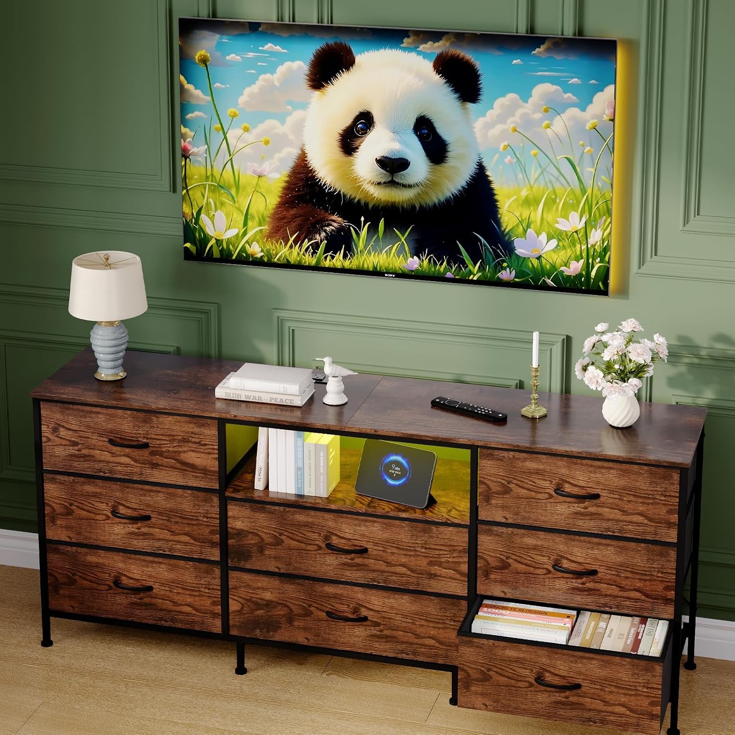 GarveeHome Modern Industrial Style TV Cabinet, TV Stand, TV Stand with 8 Drawers, Lots of Storage Space, Steel Frame and Chipboard, Integrated LED Lighting, 160 x 35 x 68 cm, Brown