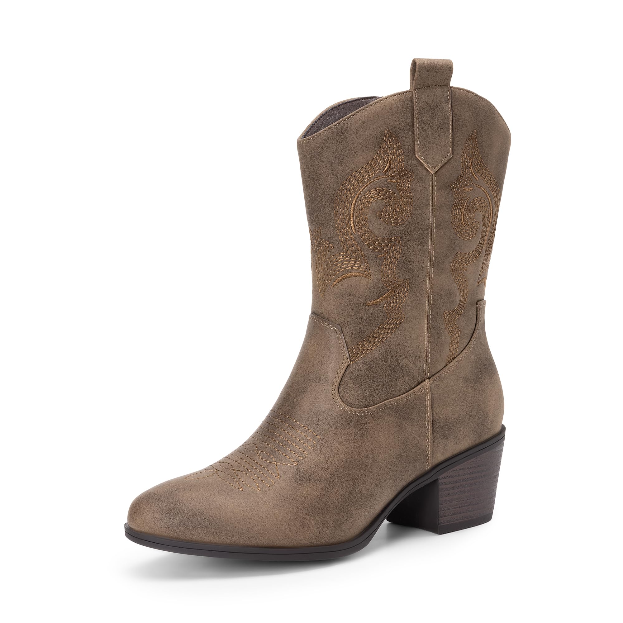 DREAM PAIRS Cowboy Boots for Women Mid Calf Cowgirl Boots with Embroidery Round Toe Western Chunky Low Heel