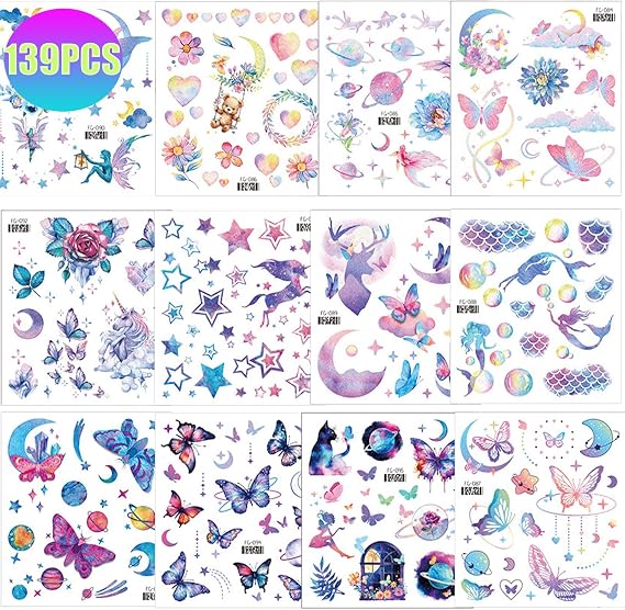 Qpout 12 Sheets Glitter Tattoos for Kids Girls Butterfly Temporary Tattoos Butterfly Party Gift Body Art Makeup Sticker for Kids Woman Princess Birthday Fairy Party Favors Gifts Bags Filler