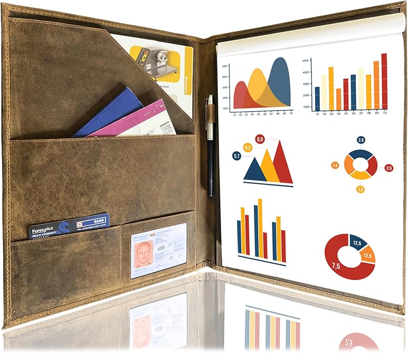 Leather Business Portfolio by Rustic Town | A4 Conference Folder Gift for Men & Women | Handmade Durable Leather Padfolio 3 + 1 Sleeves for Documents and Notepad | 4 Pockets, Cards, ID & Pen Slot, Documents Folder for New Graduates, Business Executives, Full-Grain Leather, 13 x 10, Brown