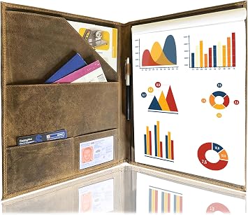 Leather Business Portfolio by Rustic Town | A4 Conference Folder Gift for Men & Women | Handmade Durable Leather Padfolio 3 + 1 Sleeves for Documents and Notepad | 4 Pockets, Cards, ID & Pen Slot, Documents Folder for New Graduates, Business Executives, Full-Grain Leather, 13 x 10, Brown