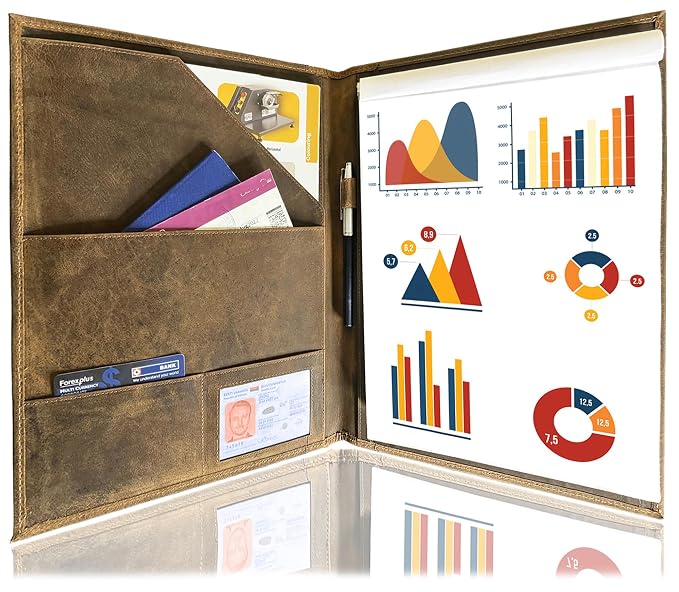 Rustic Town Handmade Leather Business Portfolio File Folder | Professional Folder Organizer Gift for Men & Women | Durable Leather Padfolio Bag 3 + 1 Sleeves for documents and Notepad (Medium, Brown)
