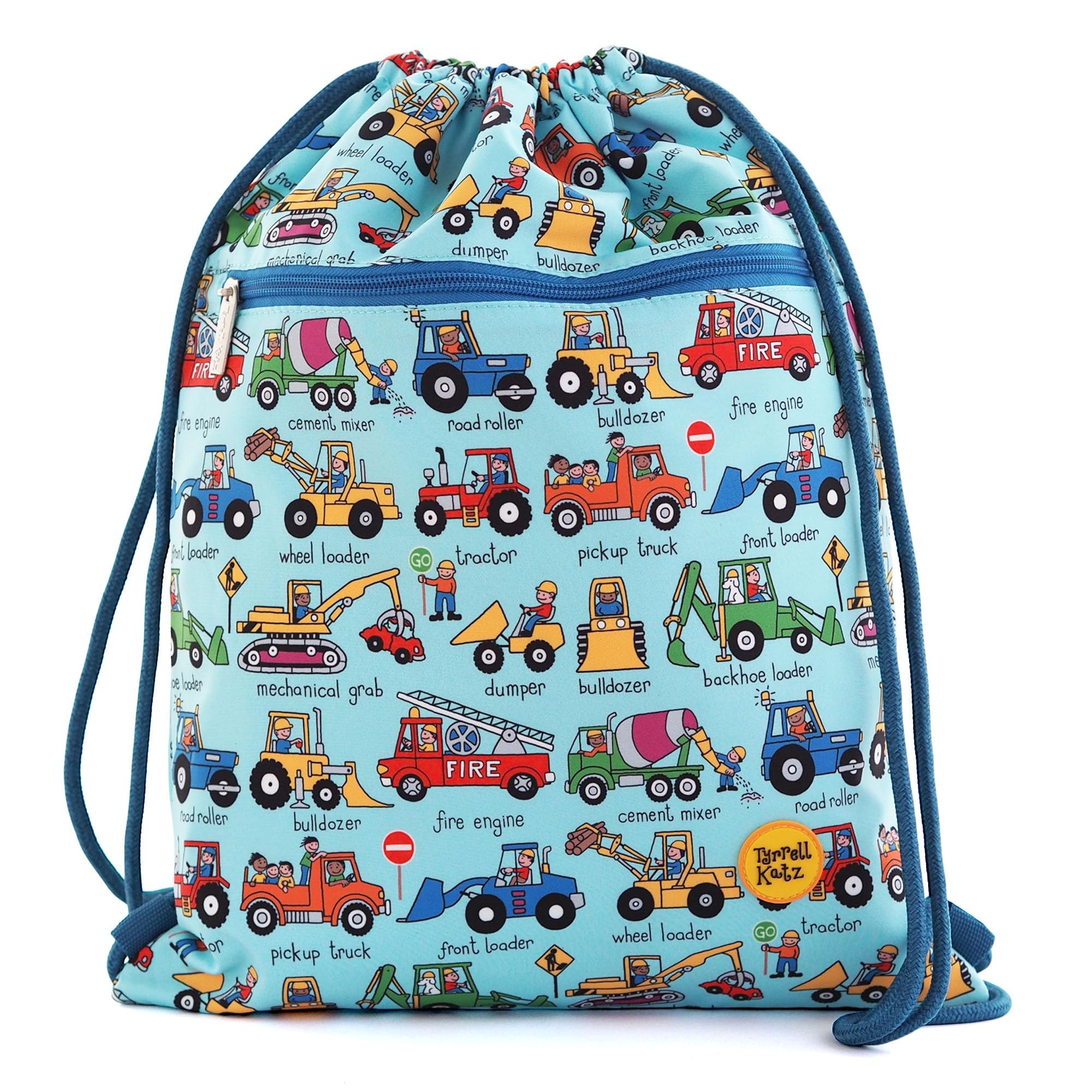 Tyrrell Katz Kids Trucks & Diggers Drawstring Bag, Blue, Waterproof, PE Kit School Gym Swim Sports Bag for Boys & Girls