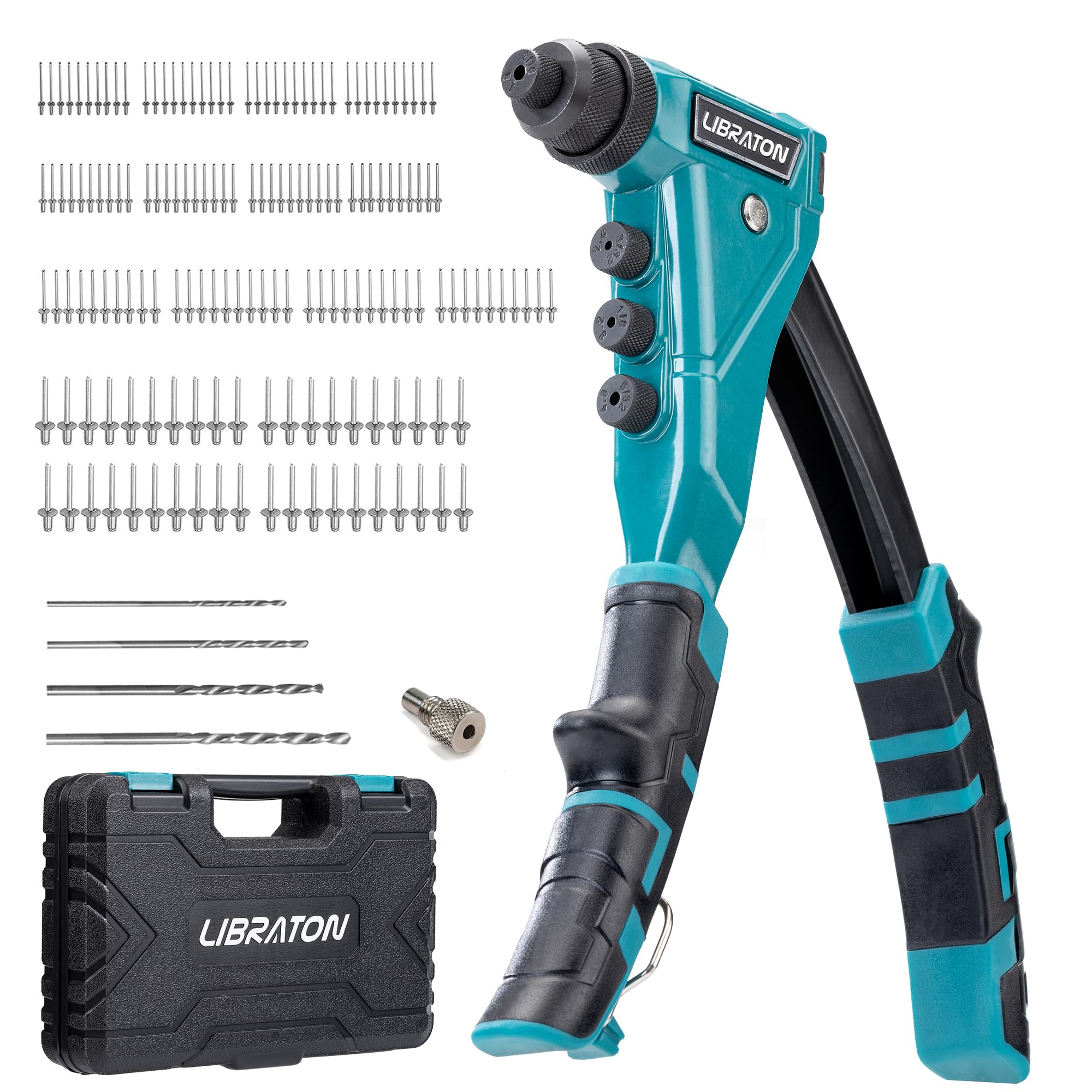 LIBRATON Heavy-Duty Rivet Gun, Pop Rivet Gun Set, Professional Hand Riveter, Manual Riveting Tool with 160 Aluminum Rivets, Includes 4 Drill Bits, 4 Tool-Free Interchangeable Nozzles, Storage Case