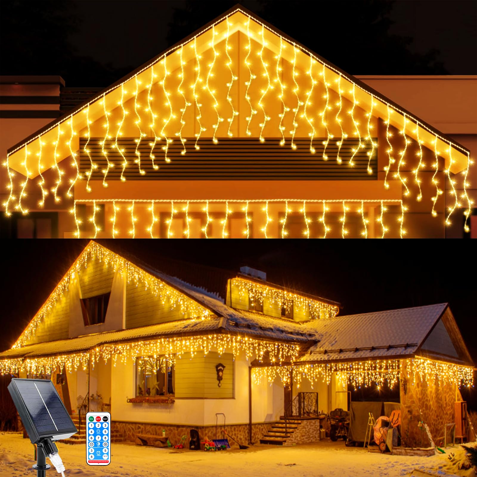 WoskjXas Guirnaldas Luces Exterior Solar, 7M Impermeable Luces de Cadena 32 Pcs Cortina de Luces Solares 8 Modos 256 LED Luces de Hadas de Cortina con Control Remoto para Vacaciones Patio Jardín Boda
