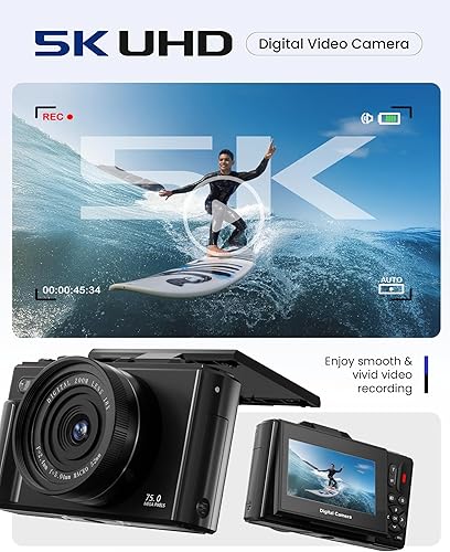Miniatura 2 de Cámara digital 5K para fotografía  Cámara de vlogging de enfoque automático de 75 MP con tarjeta SD de 64 GB, WiFi, zoom de 18X, pantalla abatible